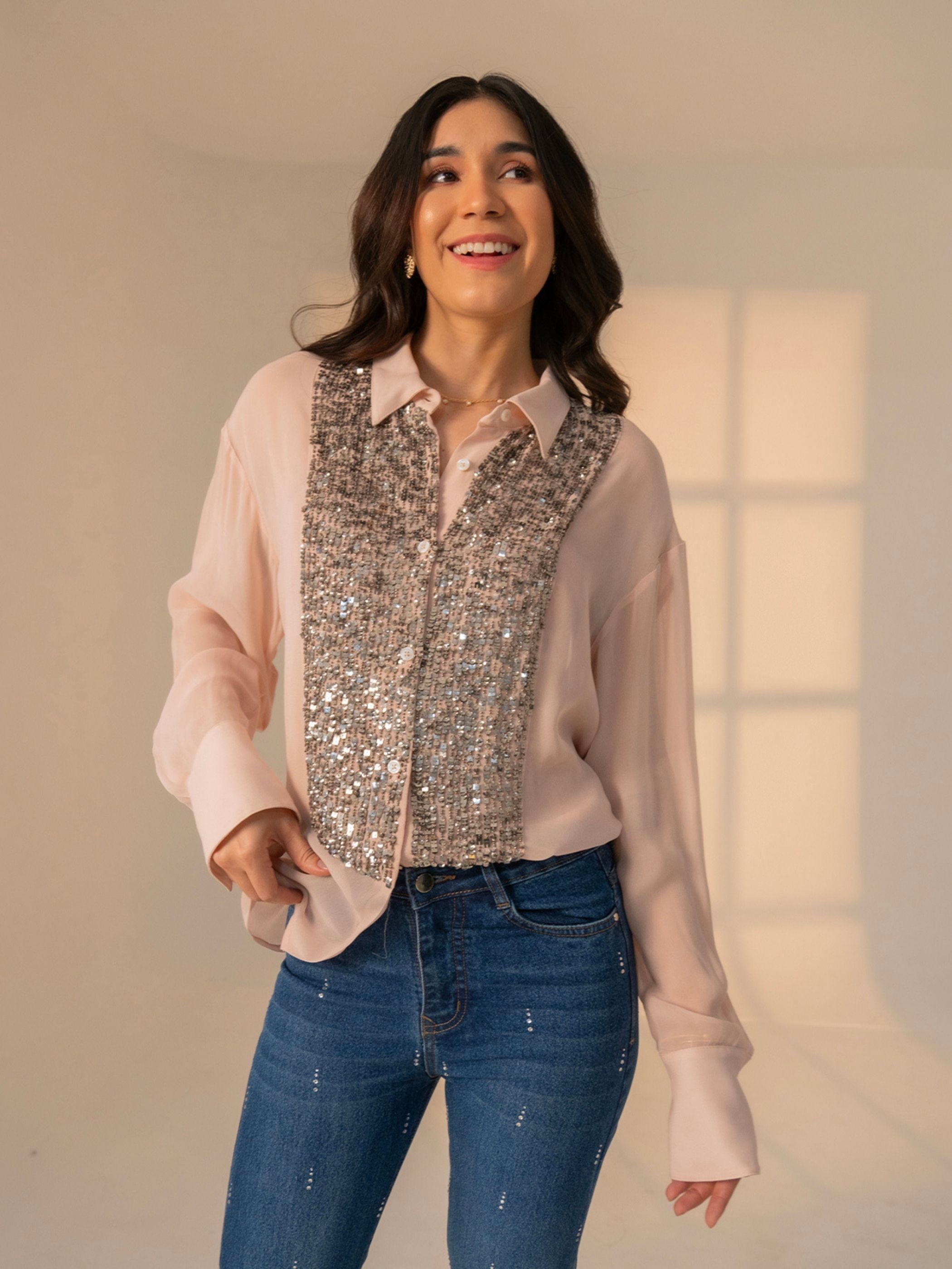 Faye Blush Sequin Bib Shirt