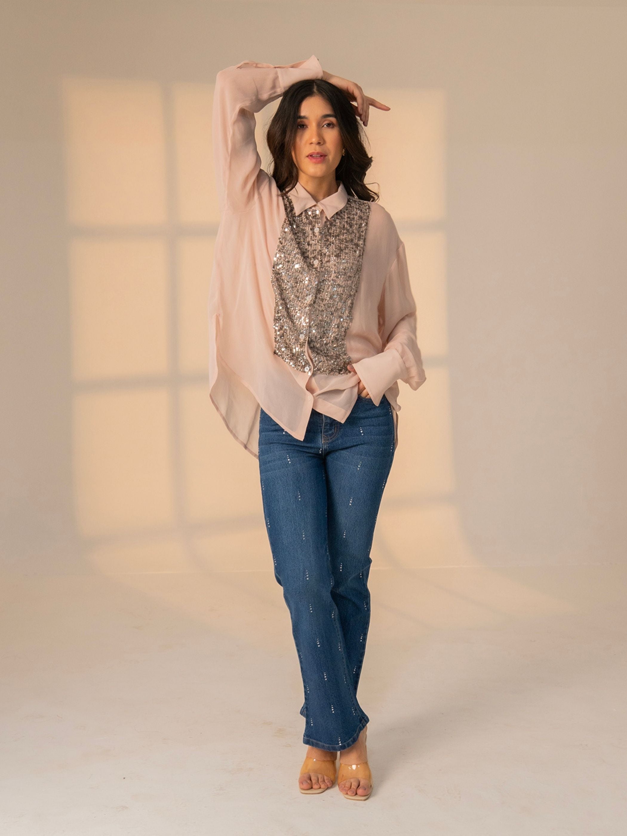 Faye Blush Sequin Bib Shirt