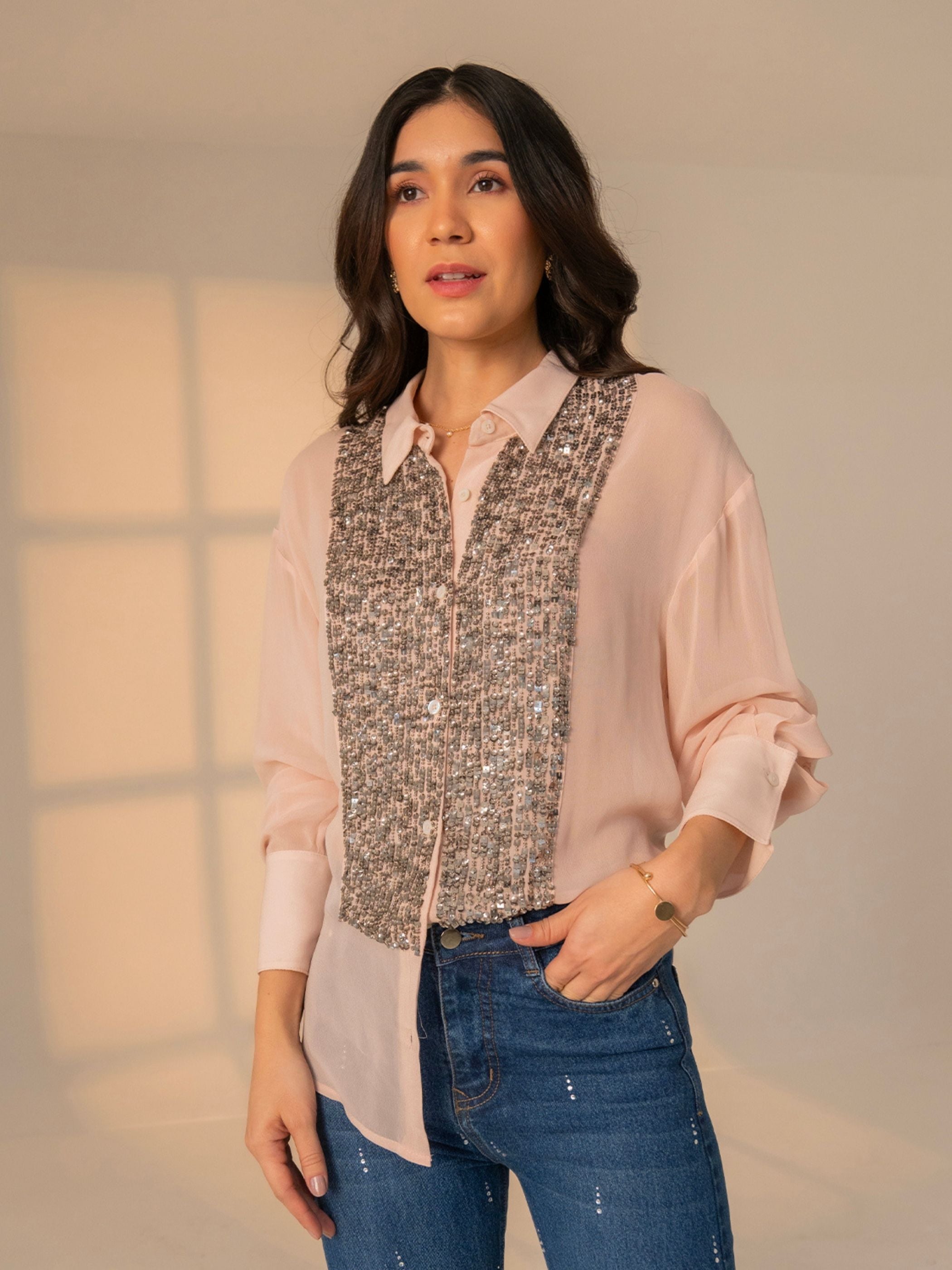 Faye Blush Sequin Bib Shirt
