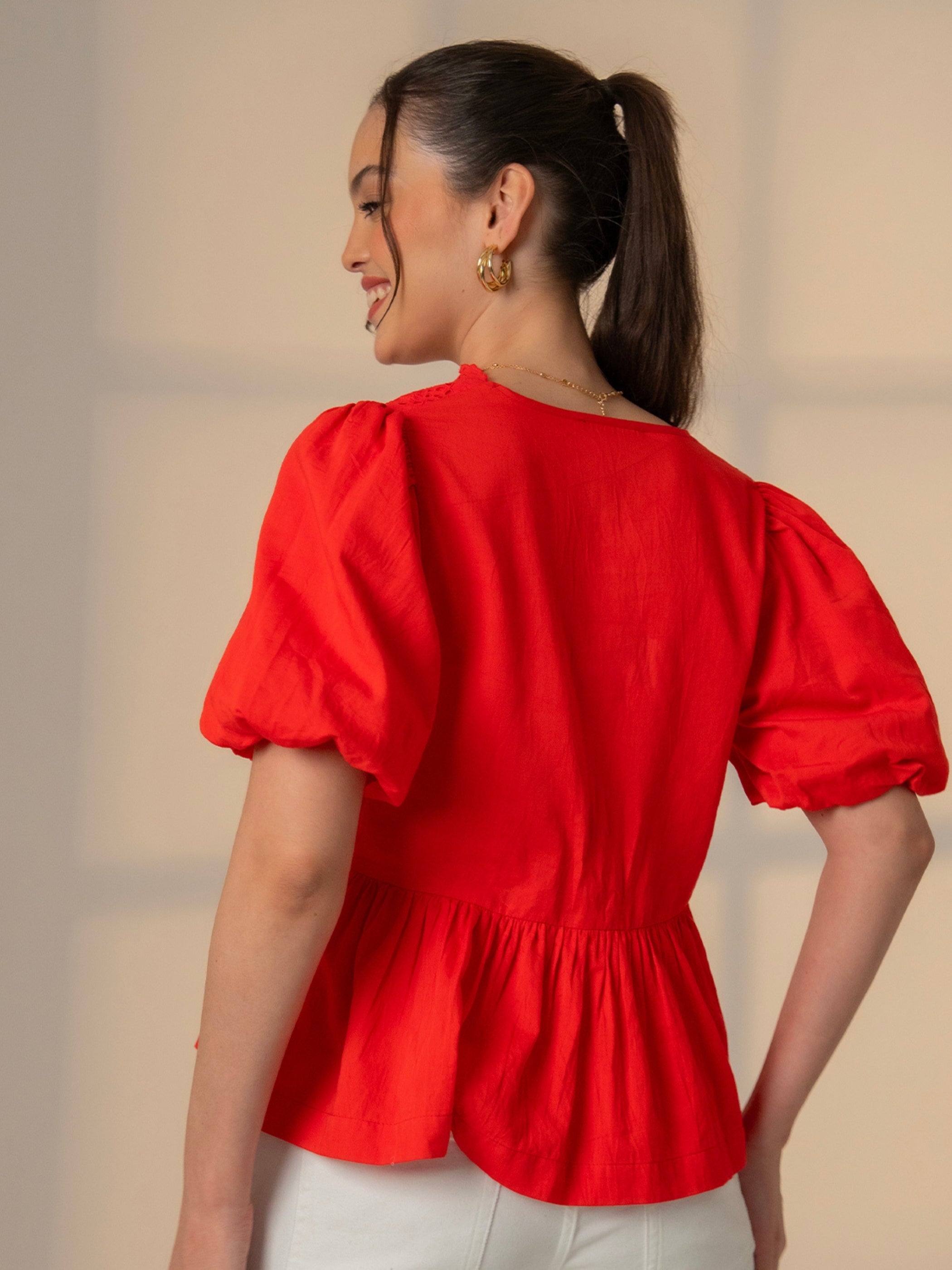 Haillie Coral Red Lace Trim Bow Blouse