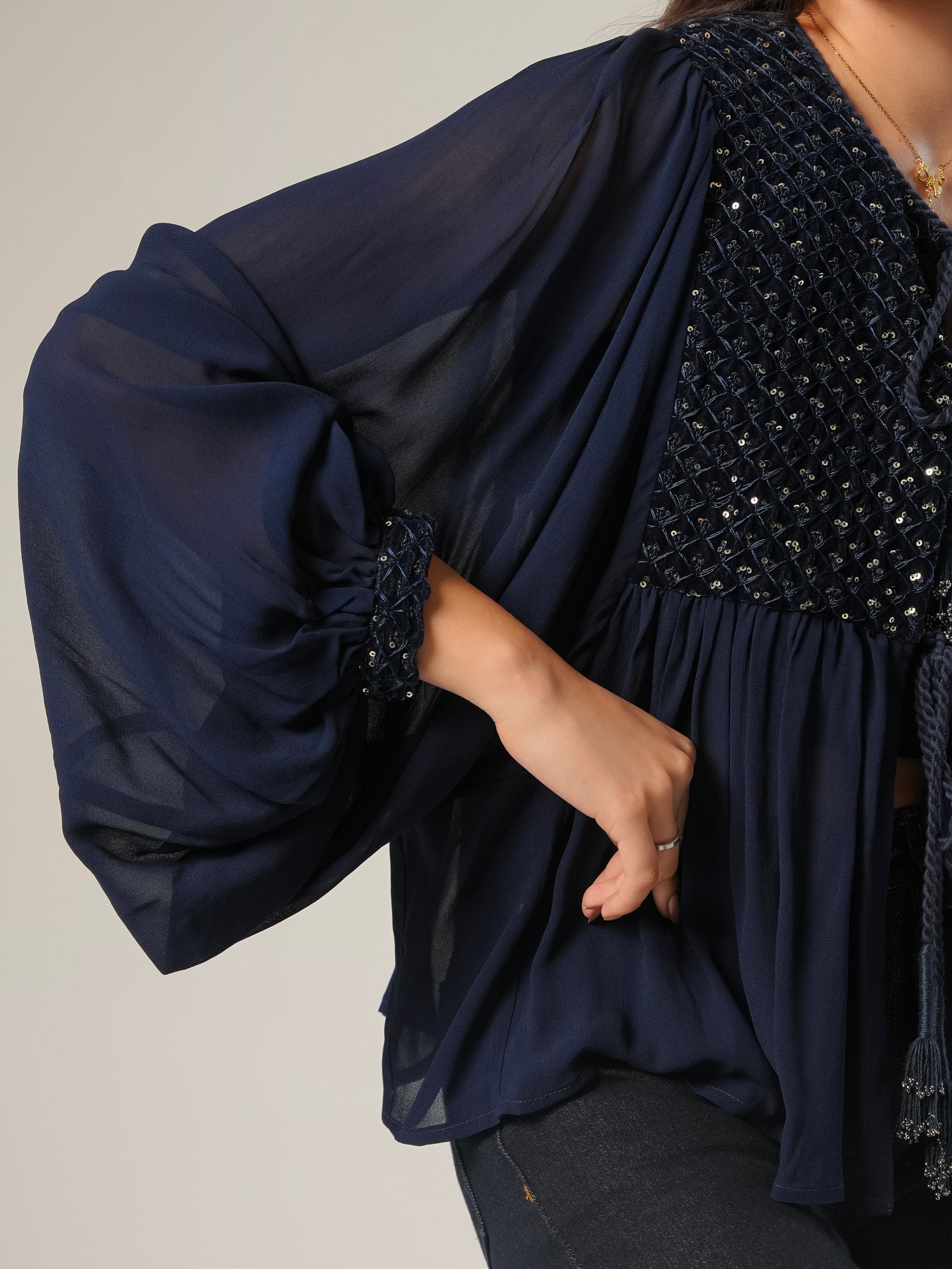 Arianna Dark Navy Velvet Sequin Panel throw-on tie Blouse