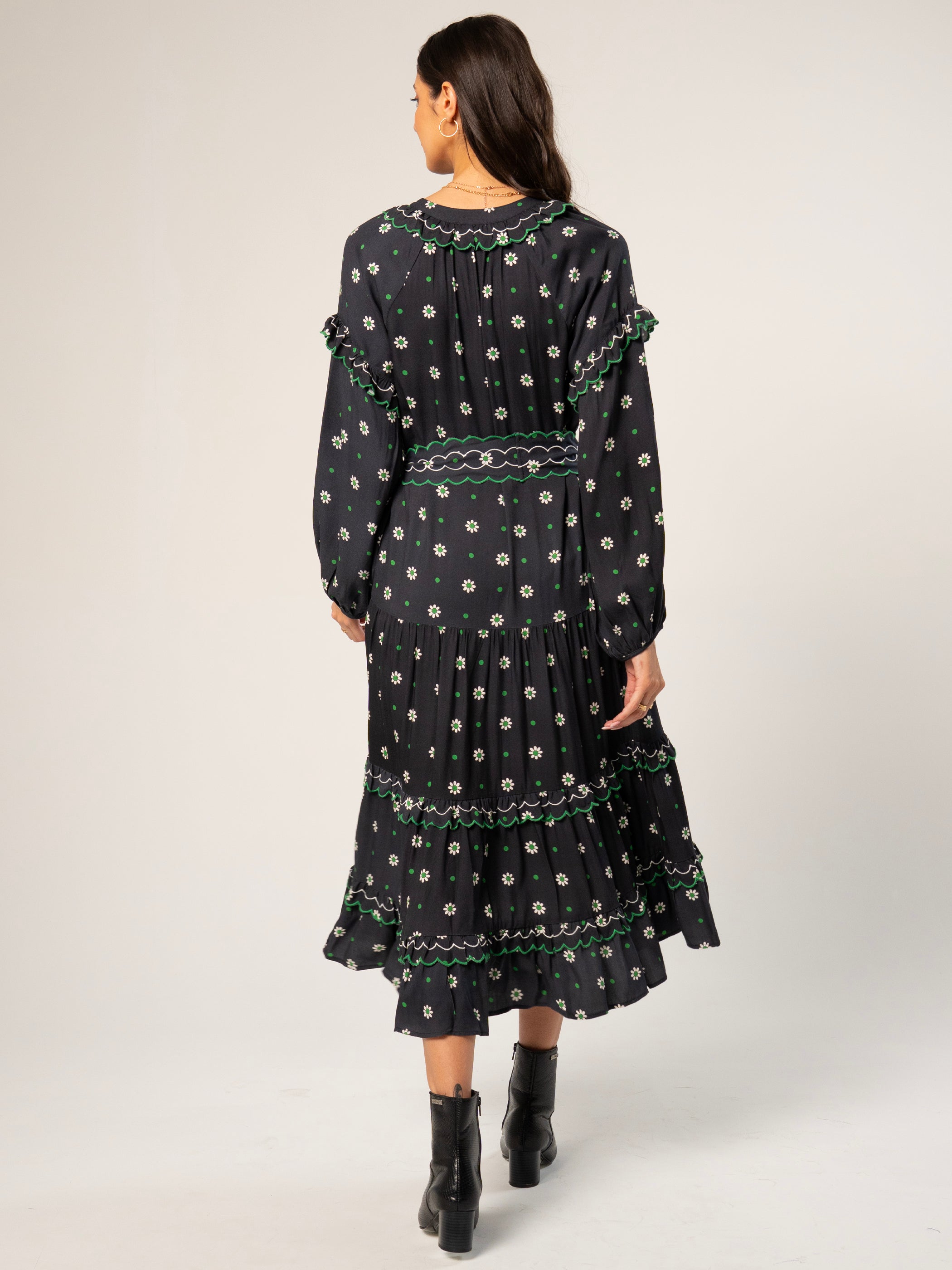 Joyce Black Daisy Polka Dot Midi Shirt Dress