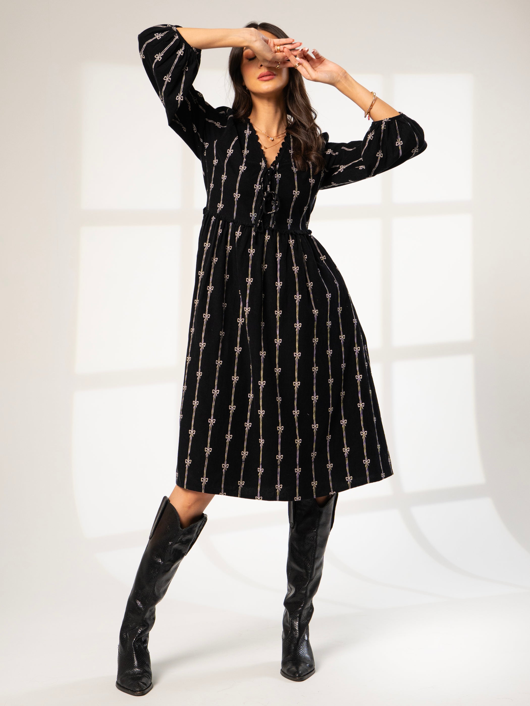 Beatrix Black Cord Embroidered Midi Dress