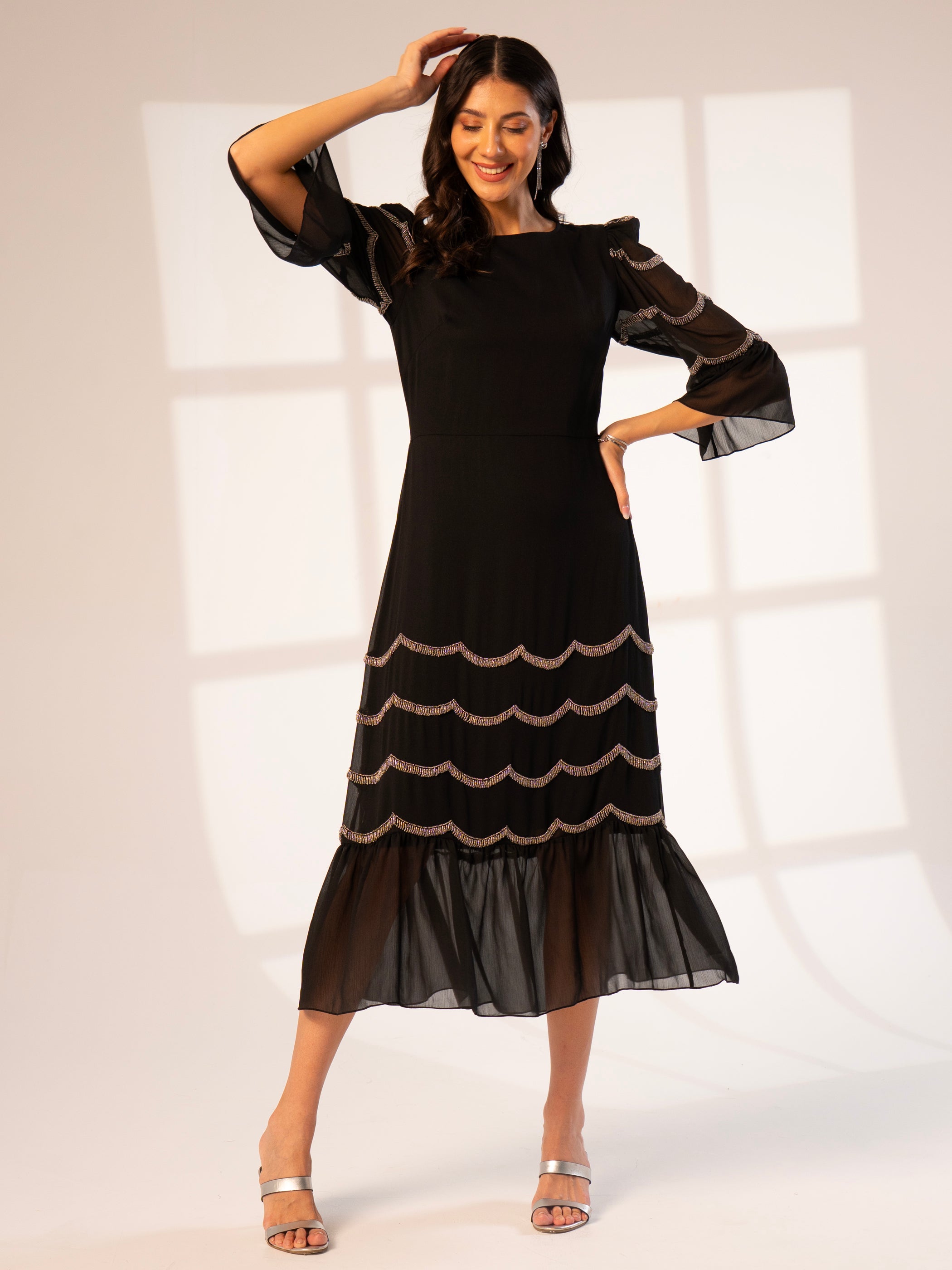 Georgie Black and Silver Scallop Bead Midi Dress