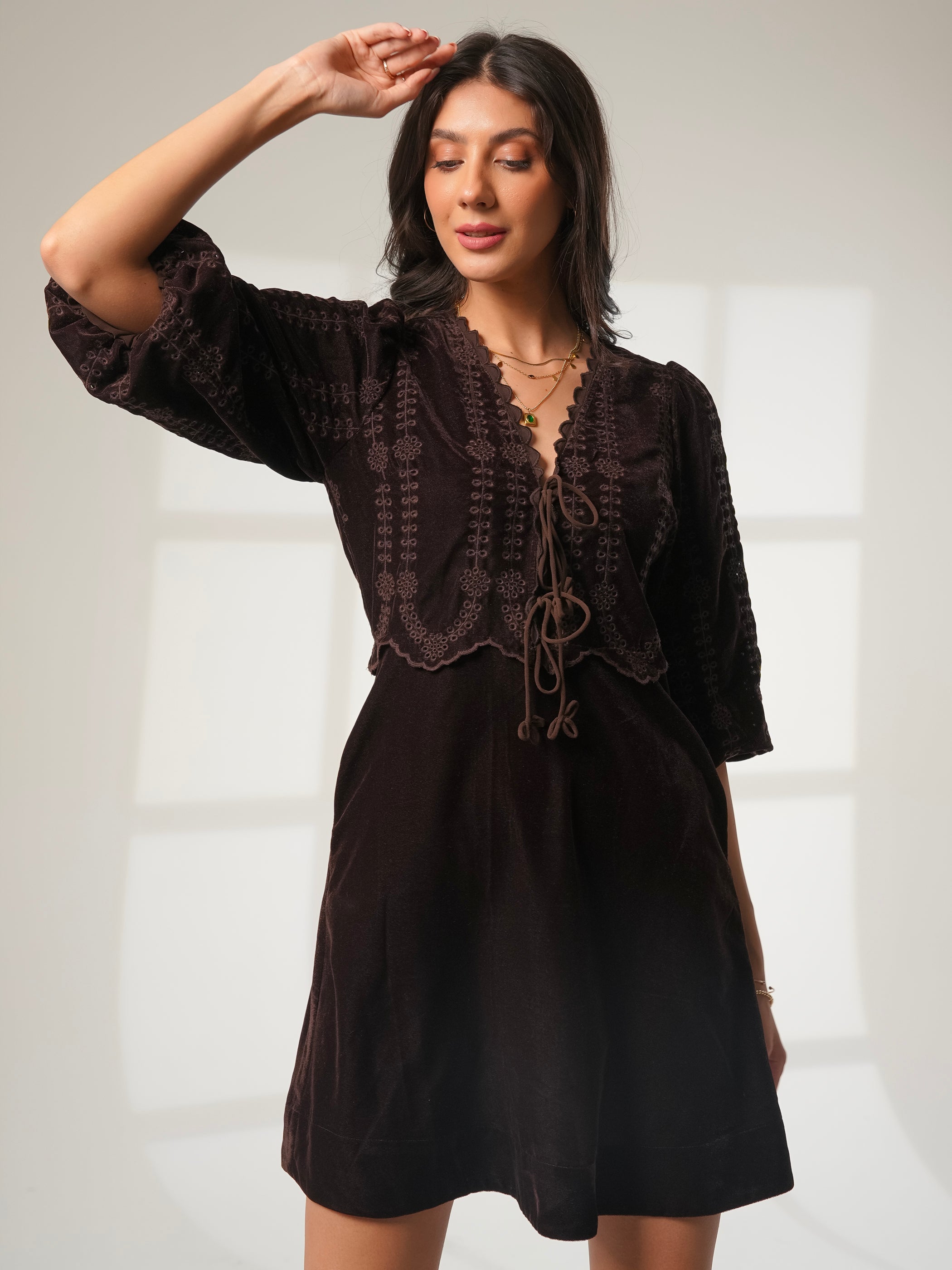 Drew Chocolate Brown Embroidered Velvet Tie Front Dress