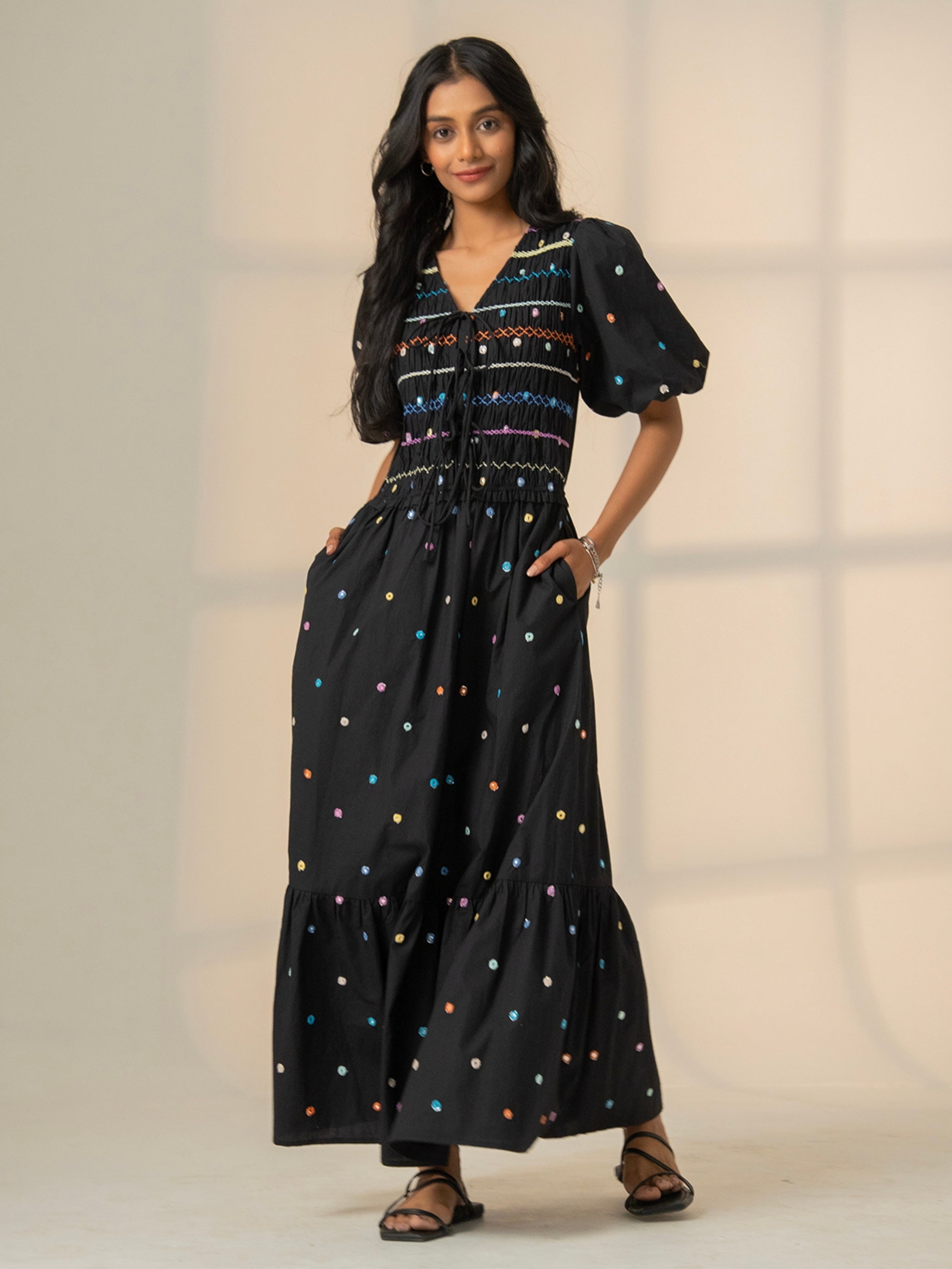 Eddie Black Multi Embroidered Smocked Maxi Dress