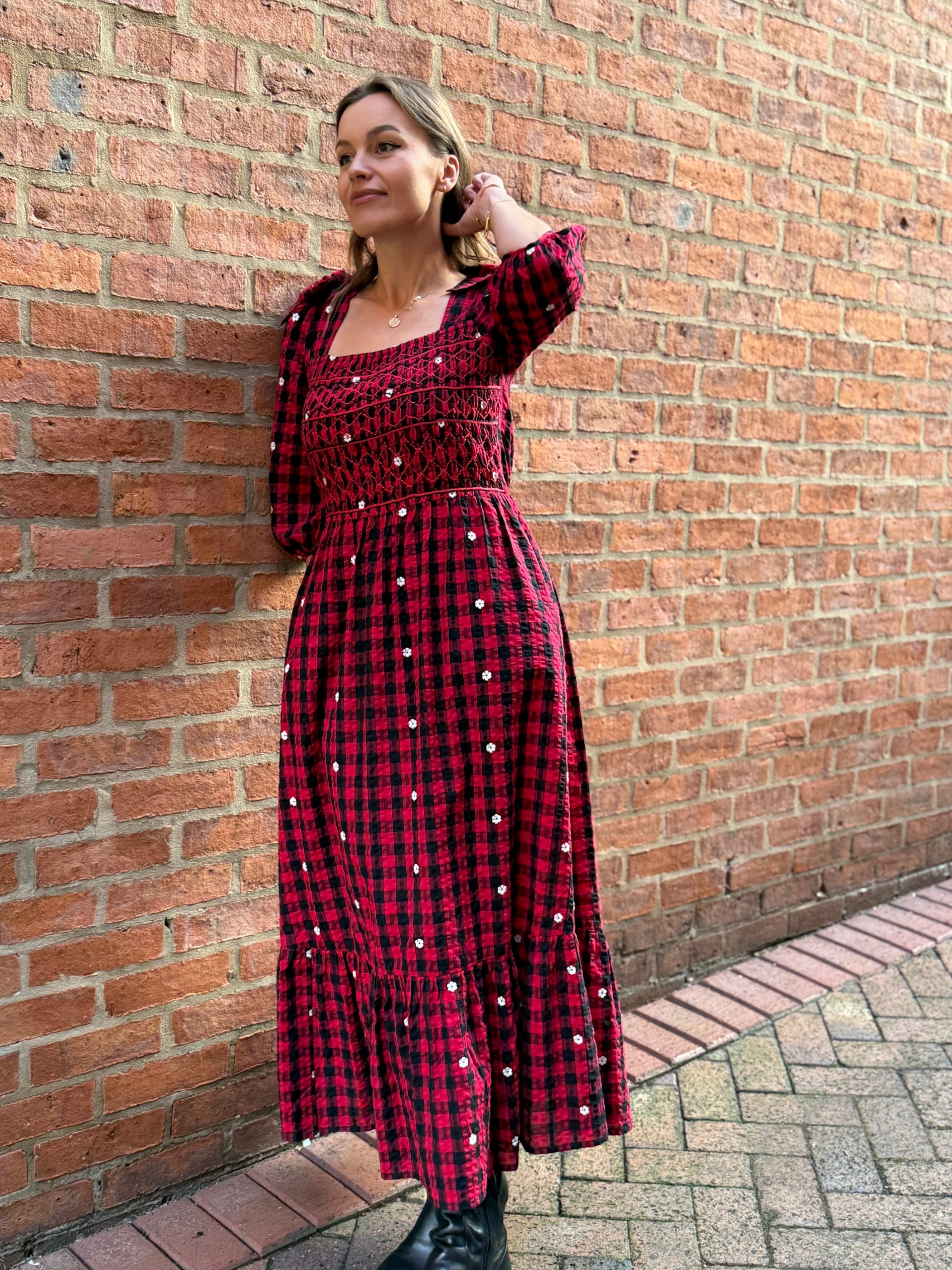 Steffi Red and Black Daisy Embroidered Check Maxi Dress