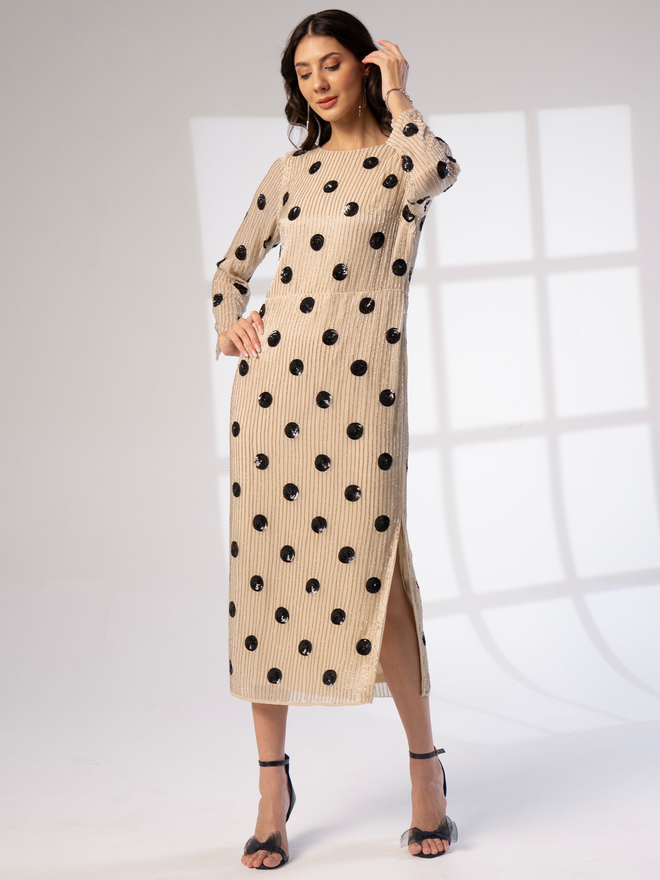 Merrin Ivory Polka Dot Hand Beaded Midi Dress