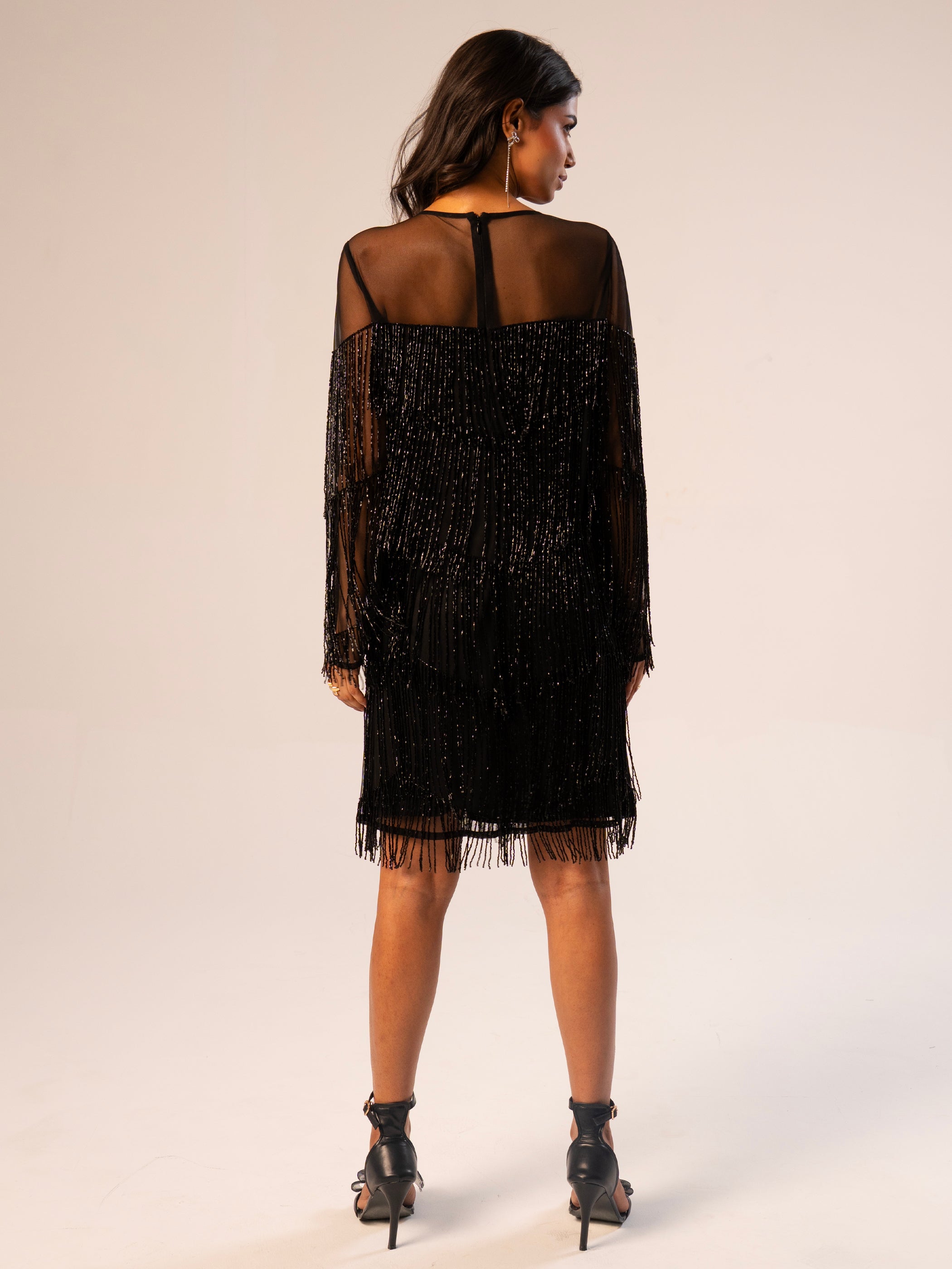 Elise Black Beaded Fringe Mini Dress