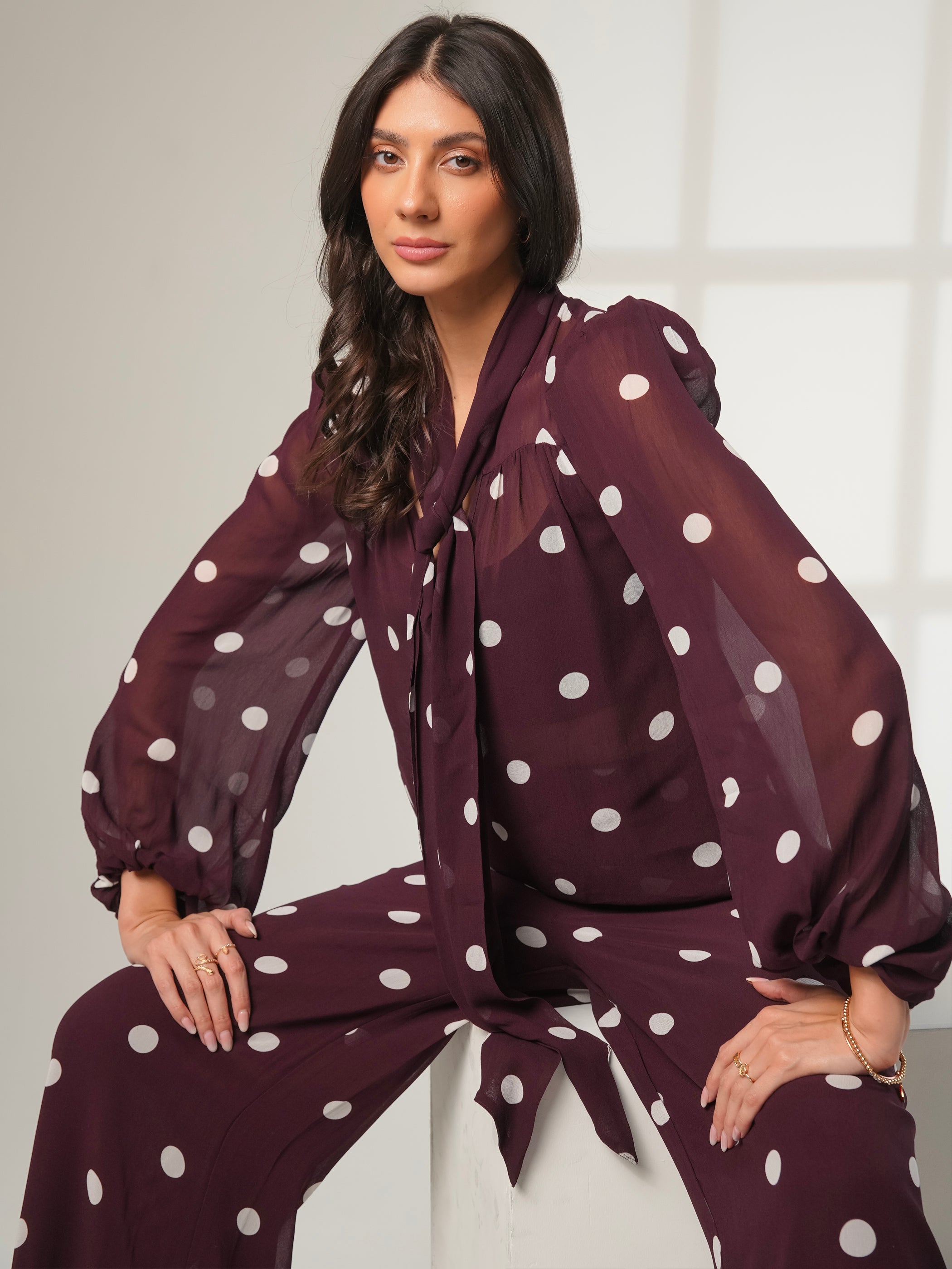 Saphi Chocolate Wine Spot Wide Leg Trouser