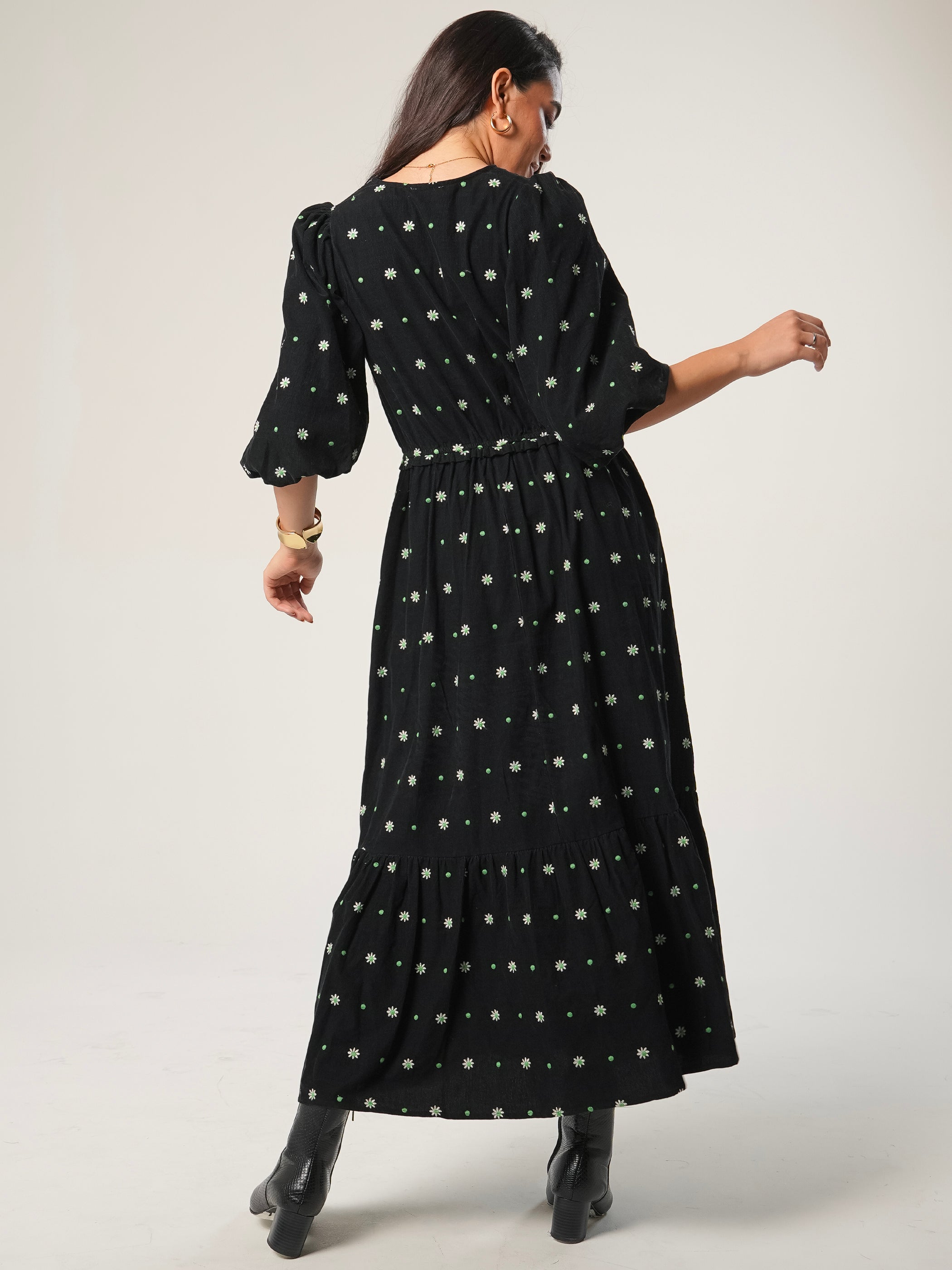 Eddie Black Cord Embroidered Polka Dot Maxi Dress