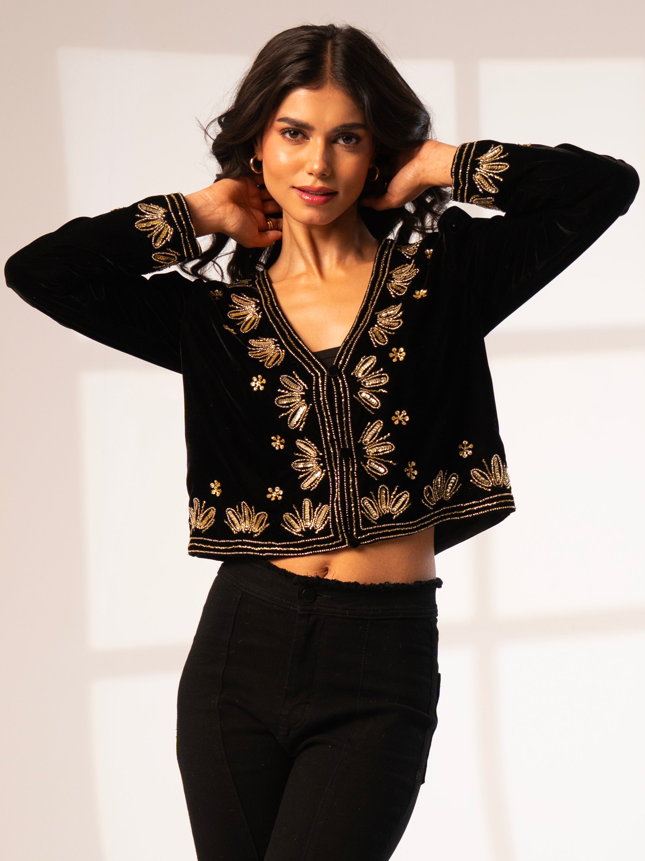 Celeste Black Velvet Embellished Trophy Jacket