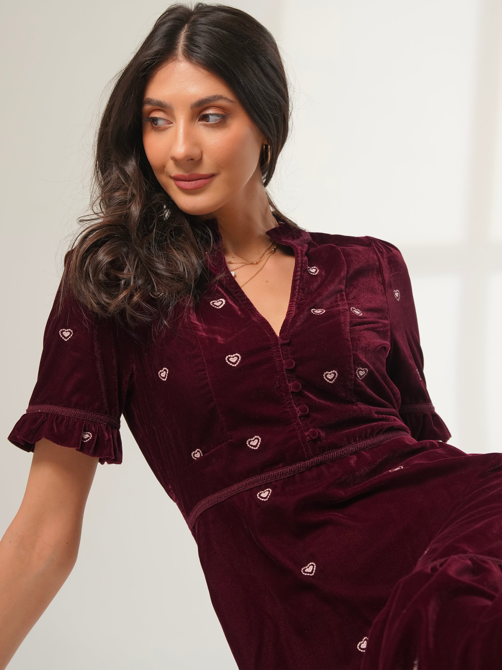 Sara Burgundy Heart Embroidered Velvet Dress