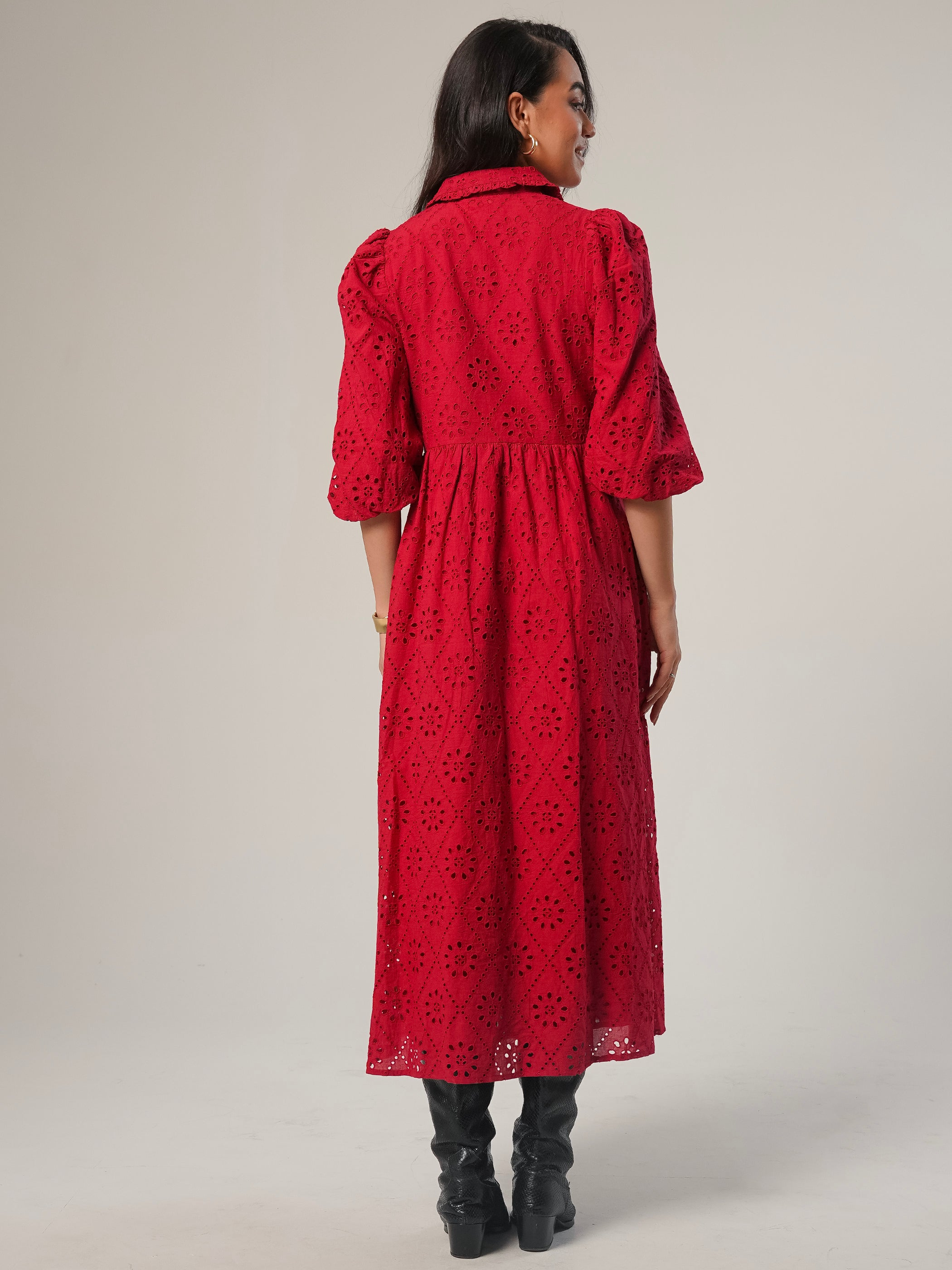 Lucille Red Embroidered Midi Shirt Dress