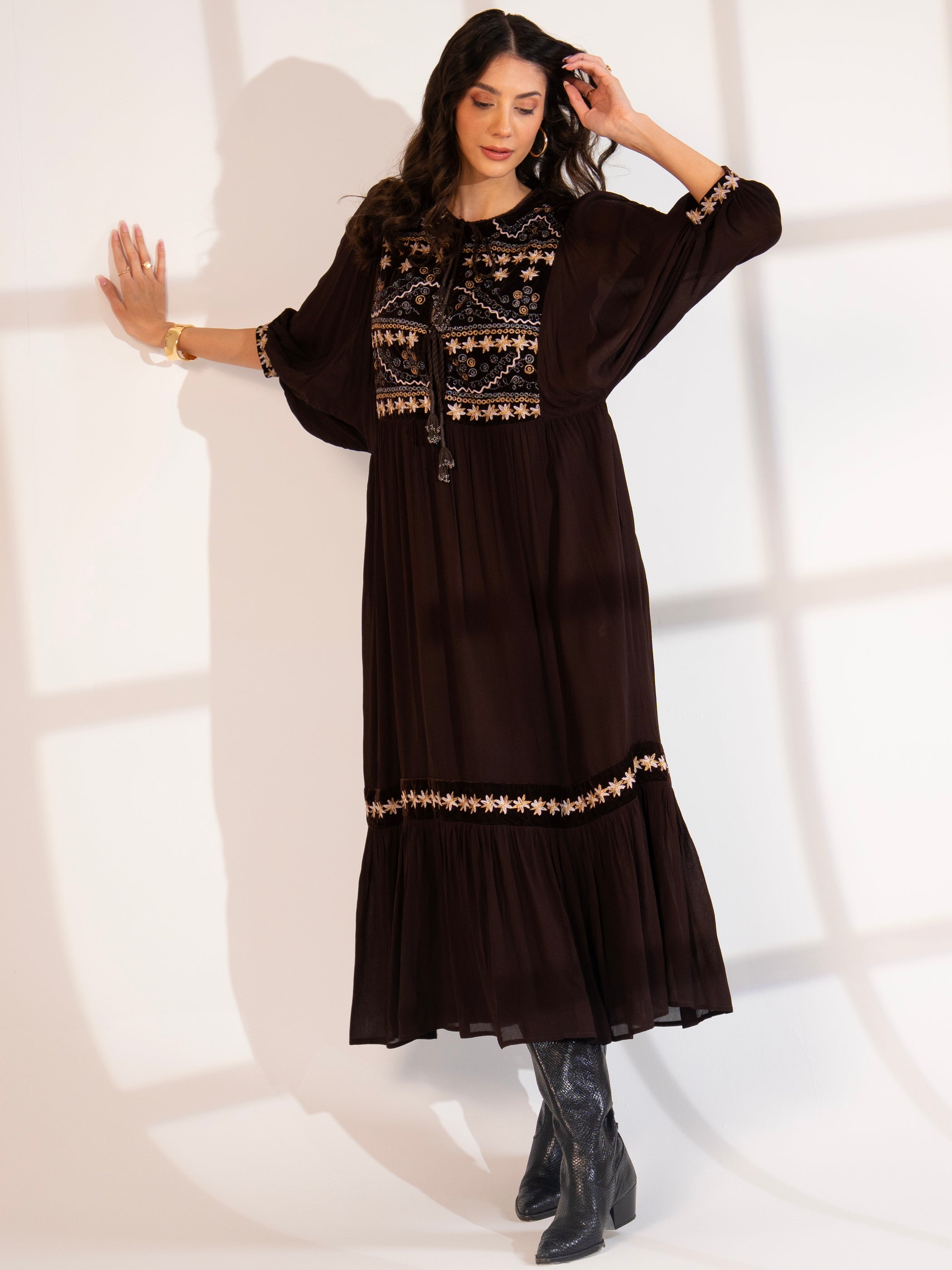 Arianna Chocolate Brown Velvet Embroidered Panel Maxi Dress