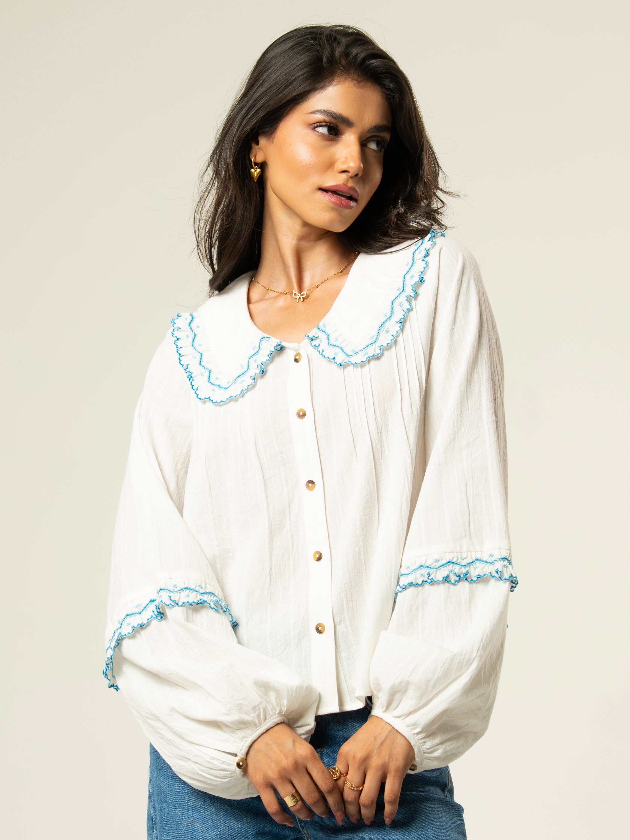 Angie Ivory Embroidered Collar Shirt