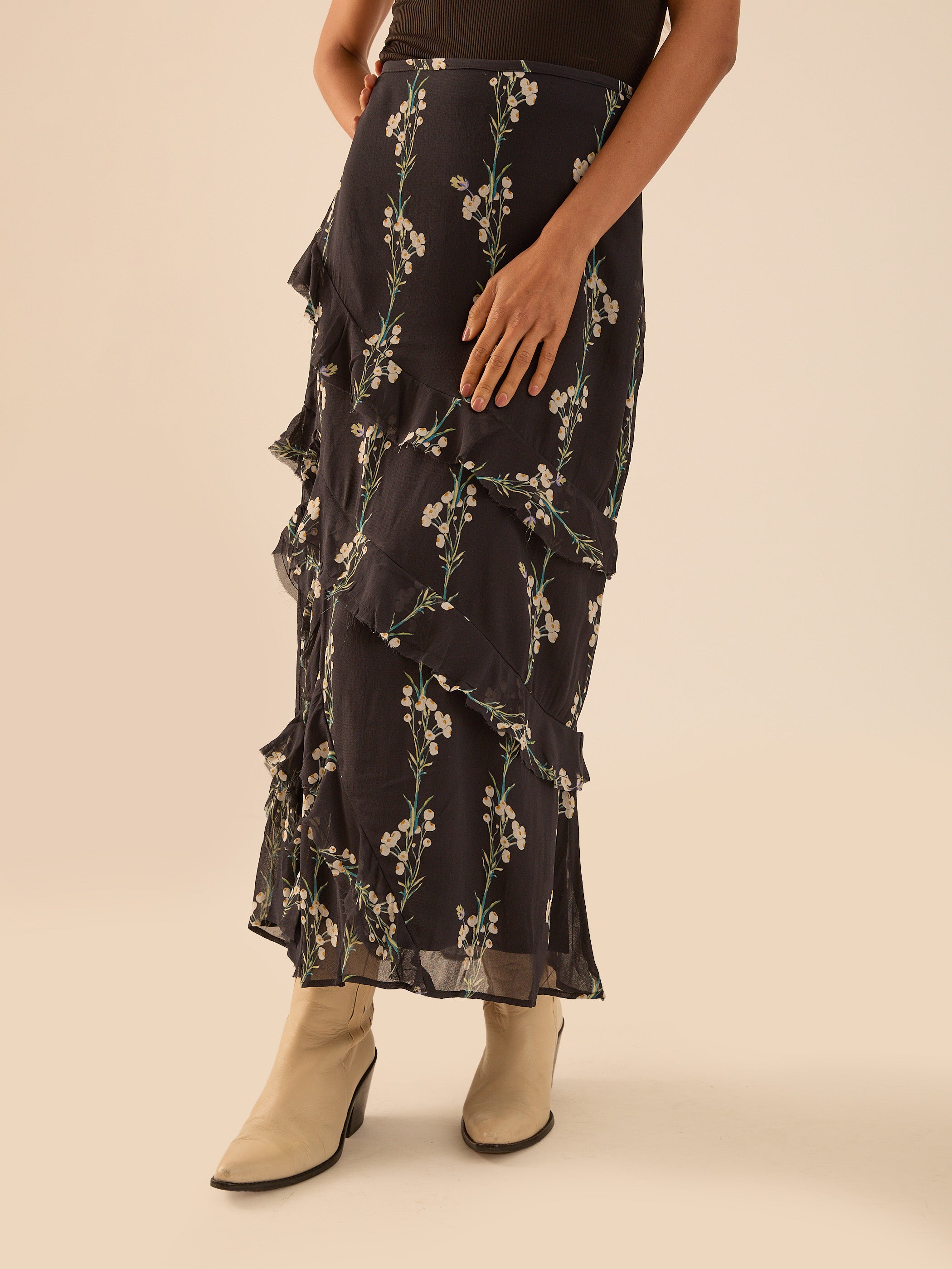 Sophia Spring Berry Maxi Black Frill Skirt