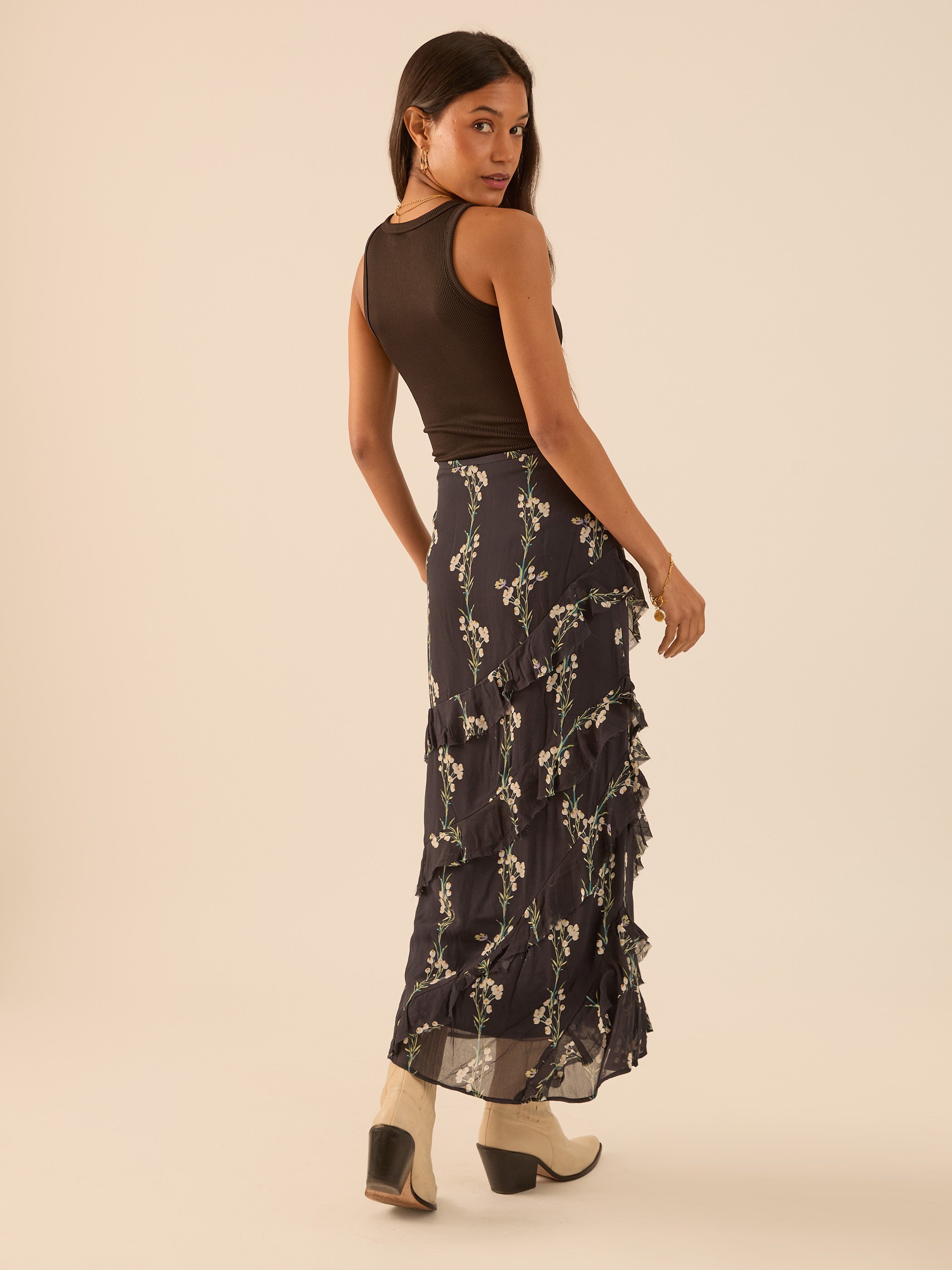 Sophia Spring Berry Maxi Black Frill Skirt