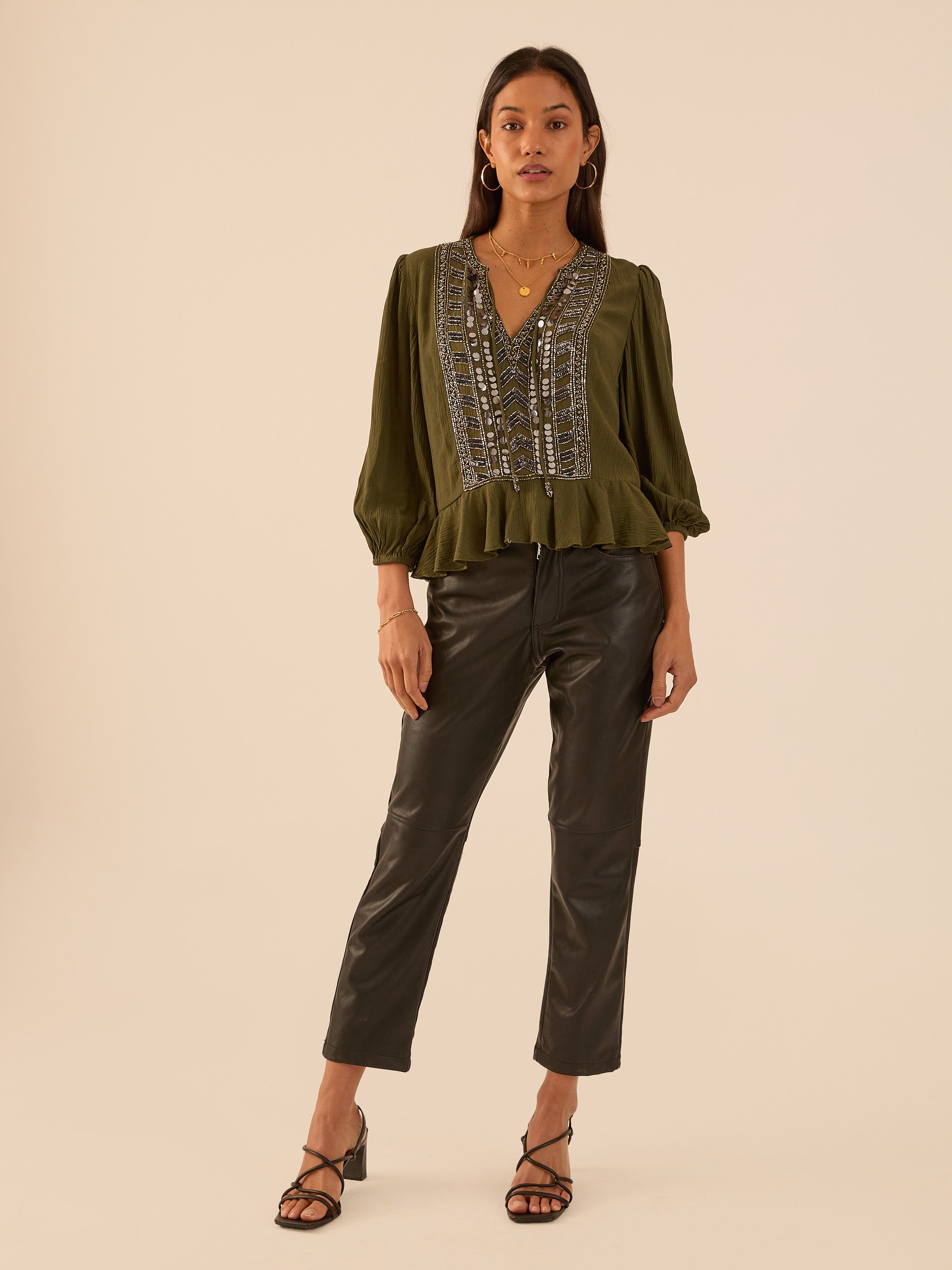Hailey Khaki Frill Mirror Embellished Blouse