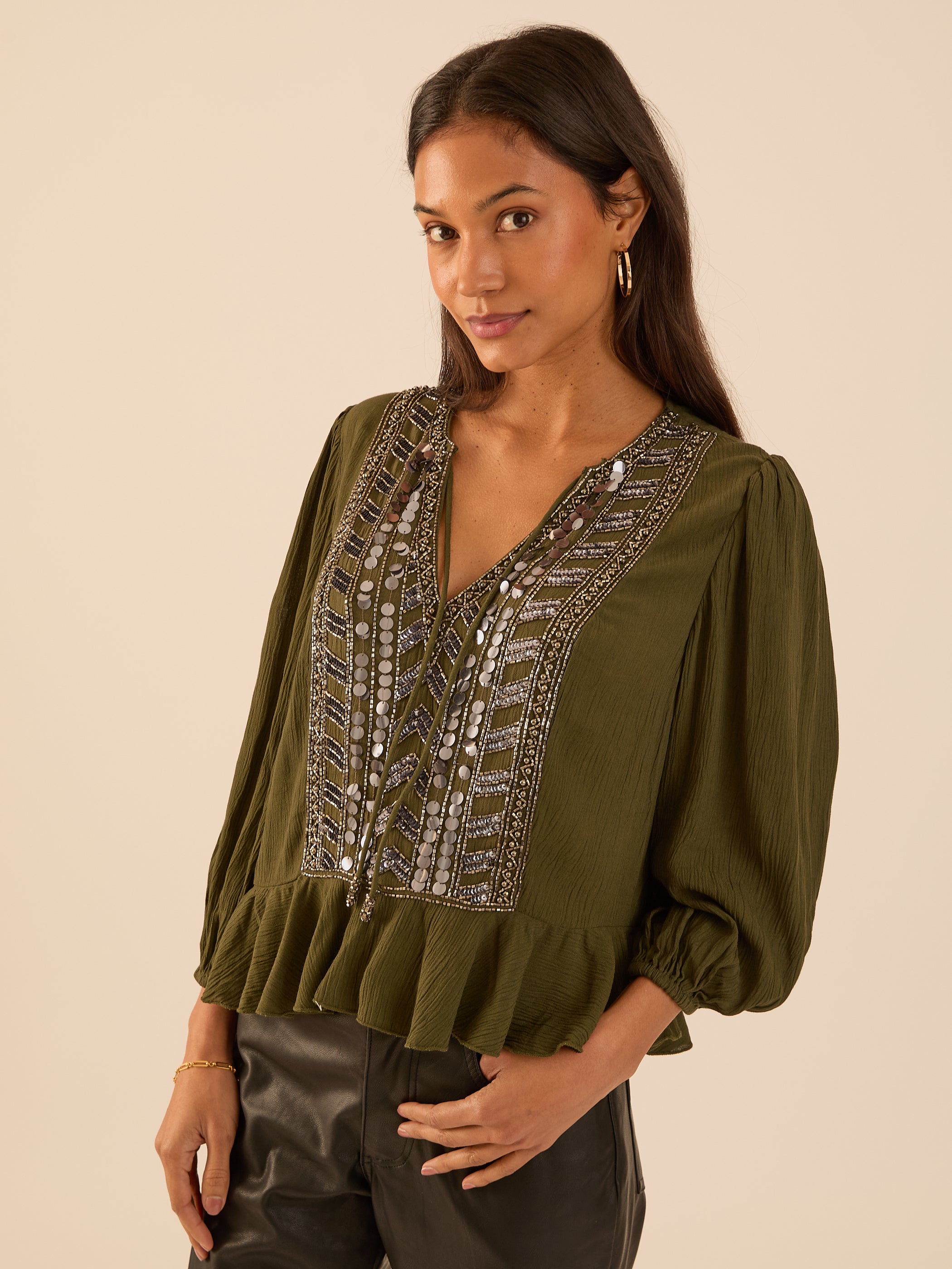 Hailey Khaki Frill Mirror Embellished Blouse