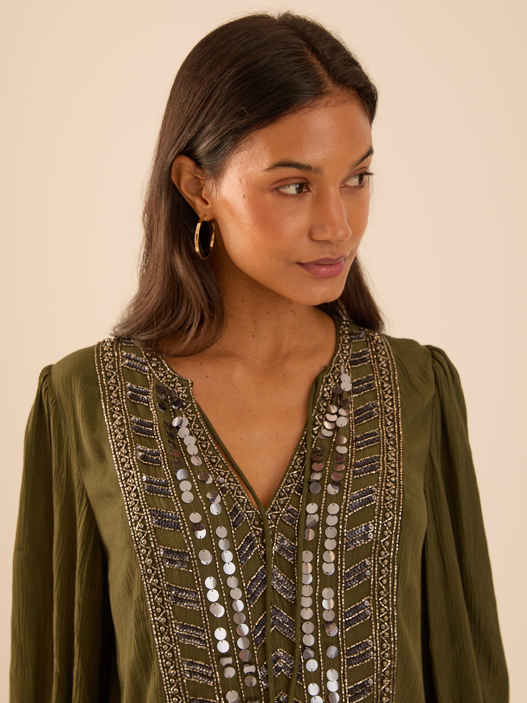 Hailey Khaki Frill Mirror Embellished Blouse