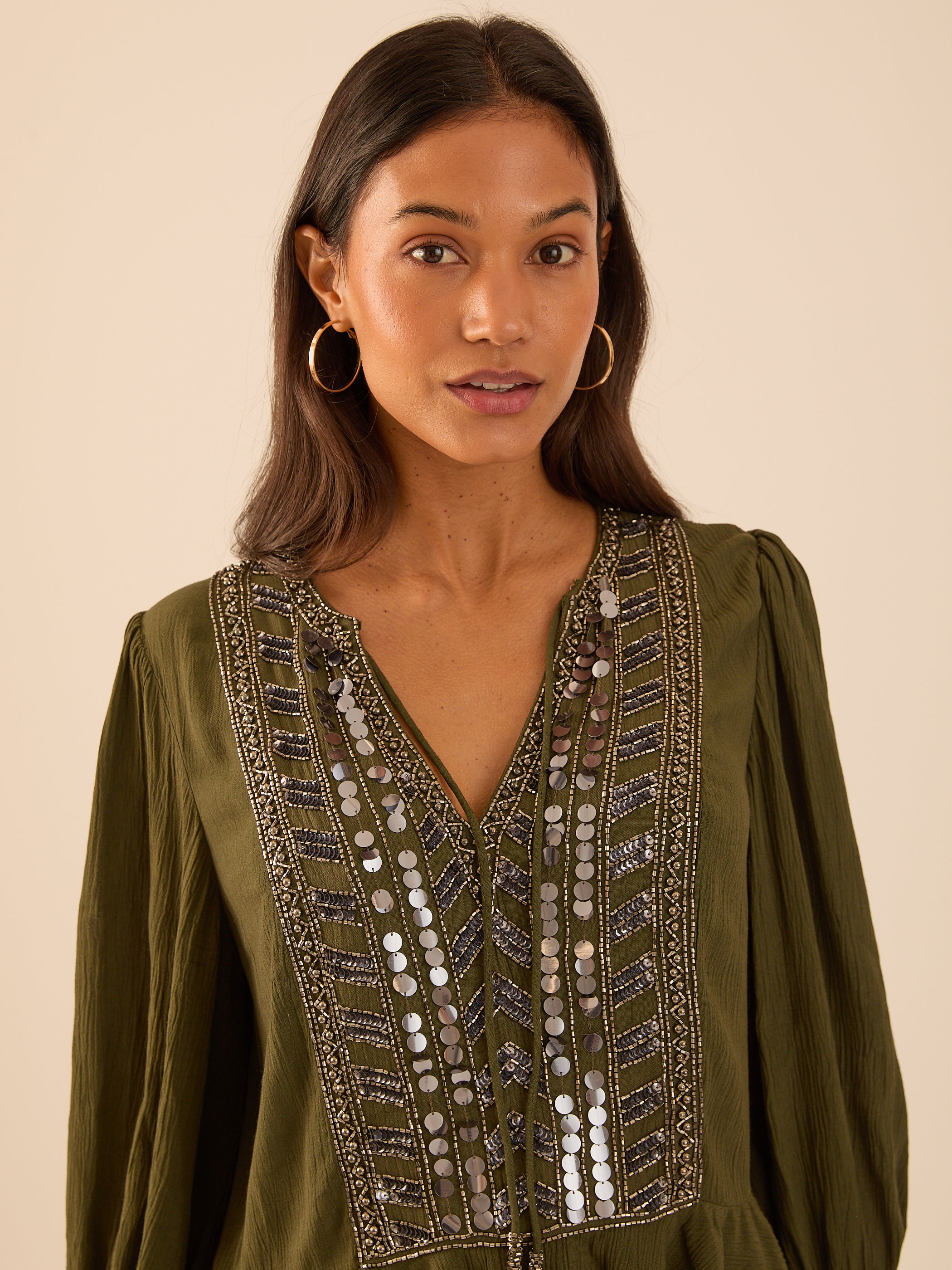 Hailey Khaki Frill Mirror Embellished Blouse