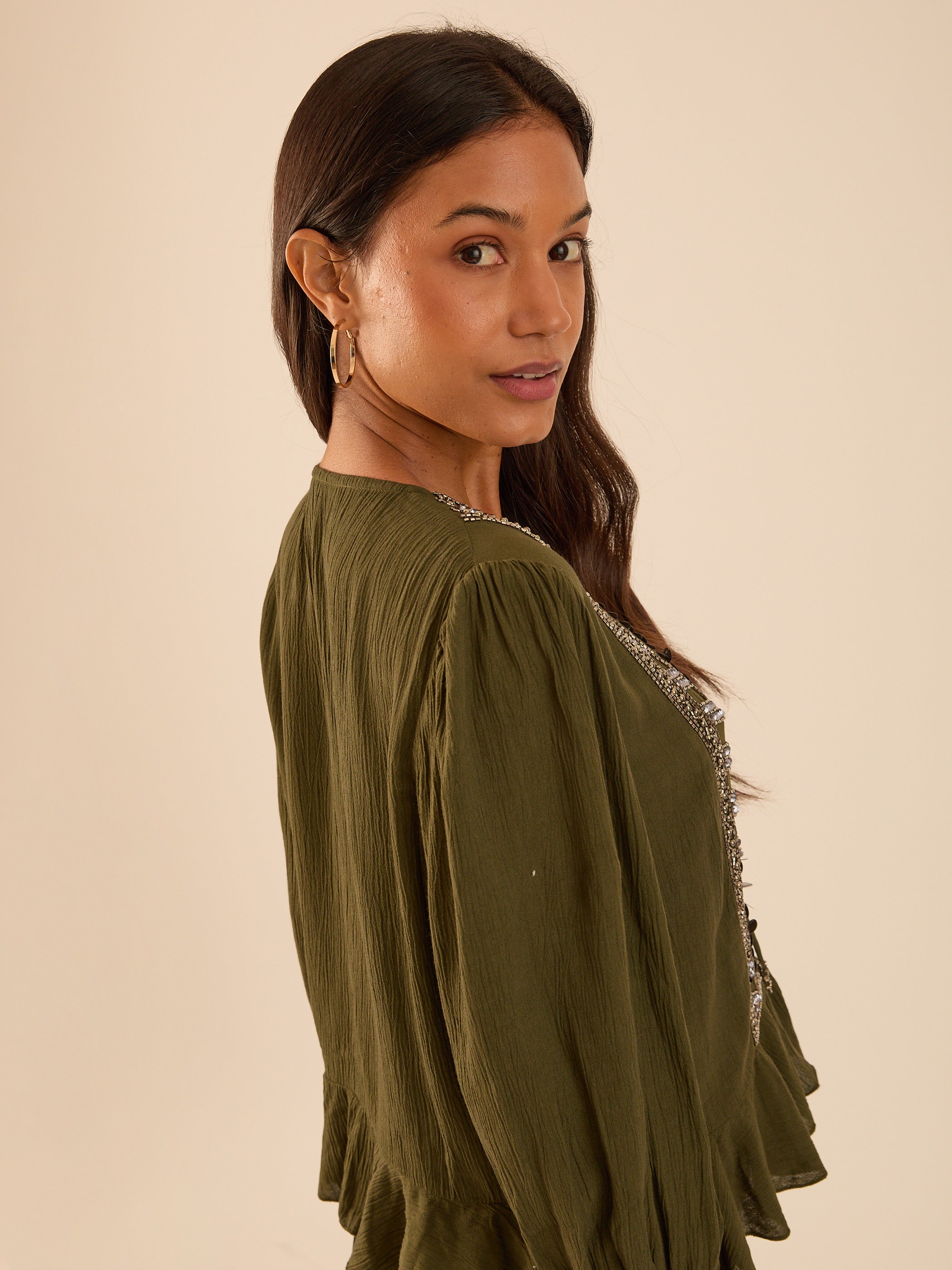 Hailey Khaki Frill Mirror Embellished Blouse