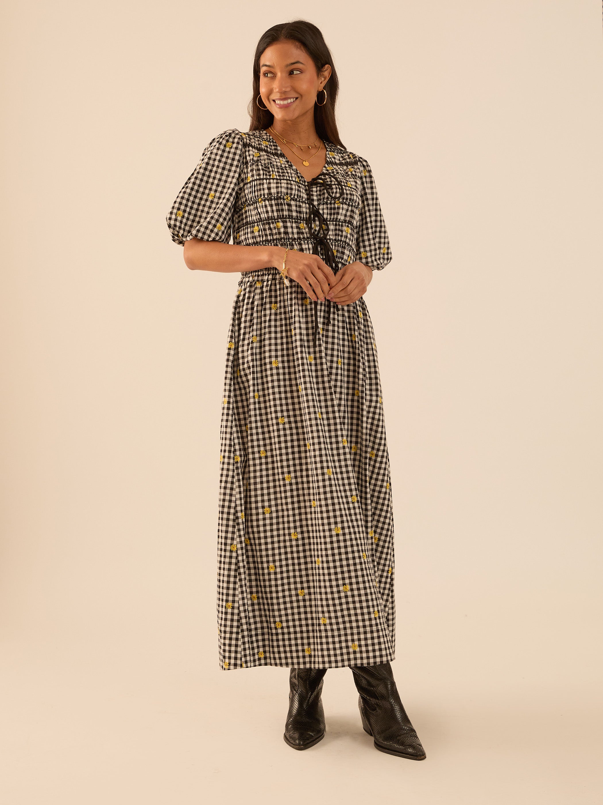 Isla Black and White Checked Smocked Midi Dress