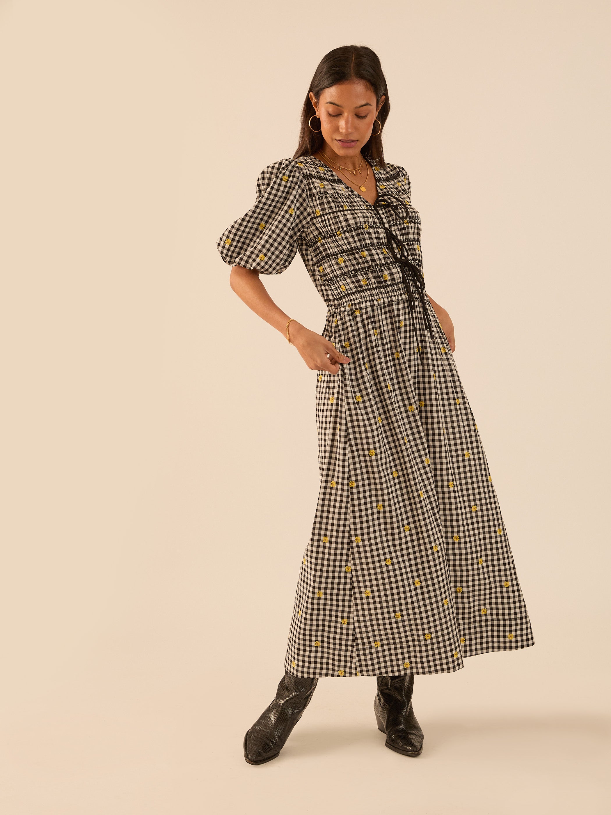 Isla Black and White Checked Smocked Midi Dress