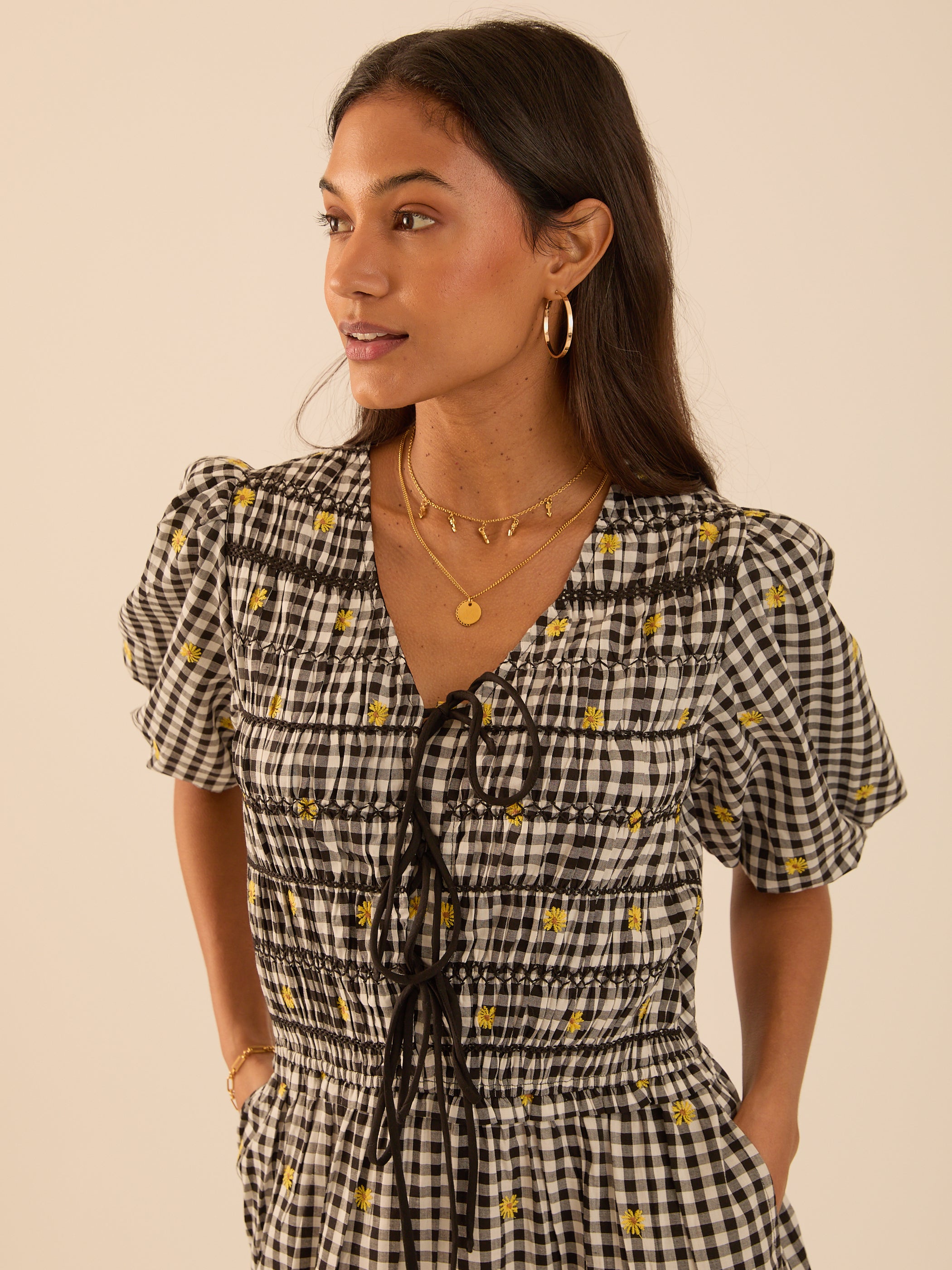 Isla Black and White Checked Smocked Midi Dress