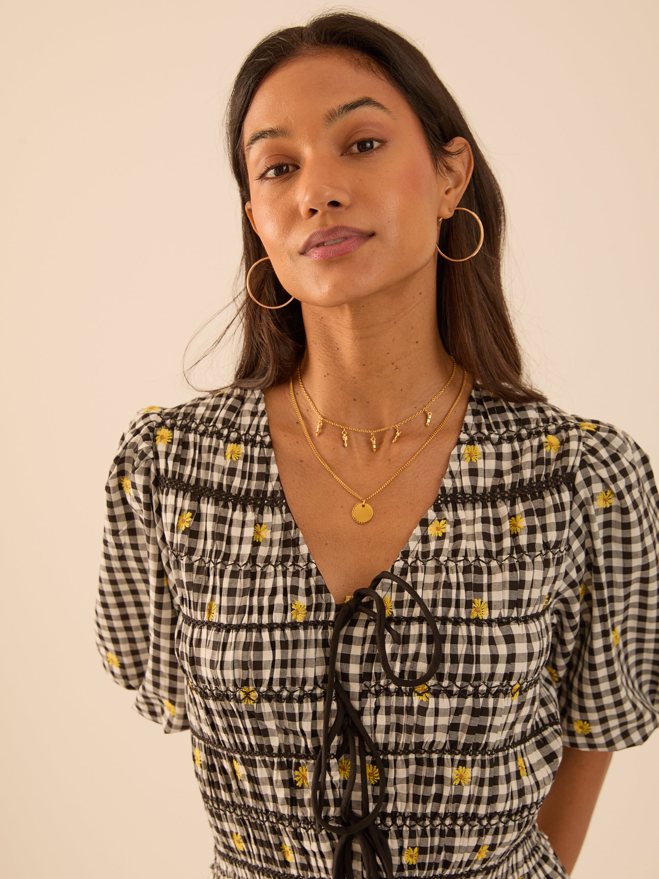 Isla Black and White Checked Smocked Midi Dress