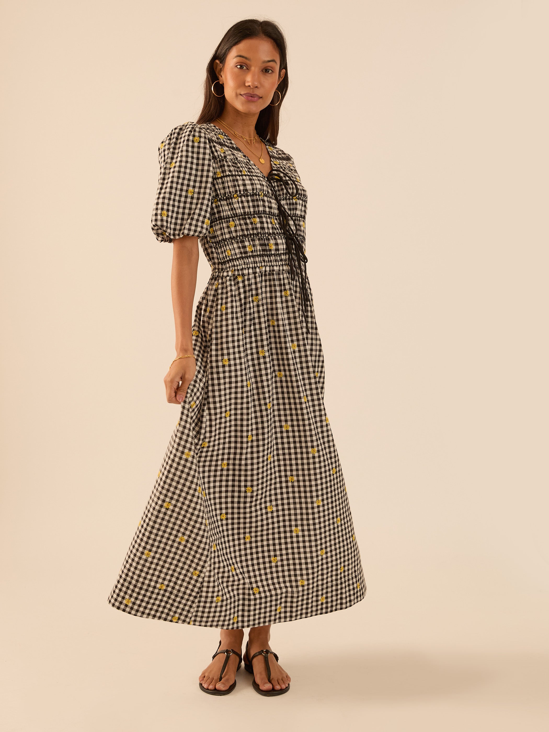 Isla Black and White Checked Smocked Midi Dress