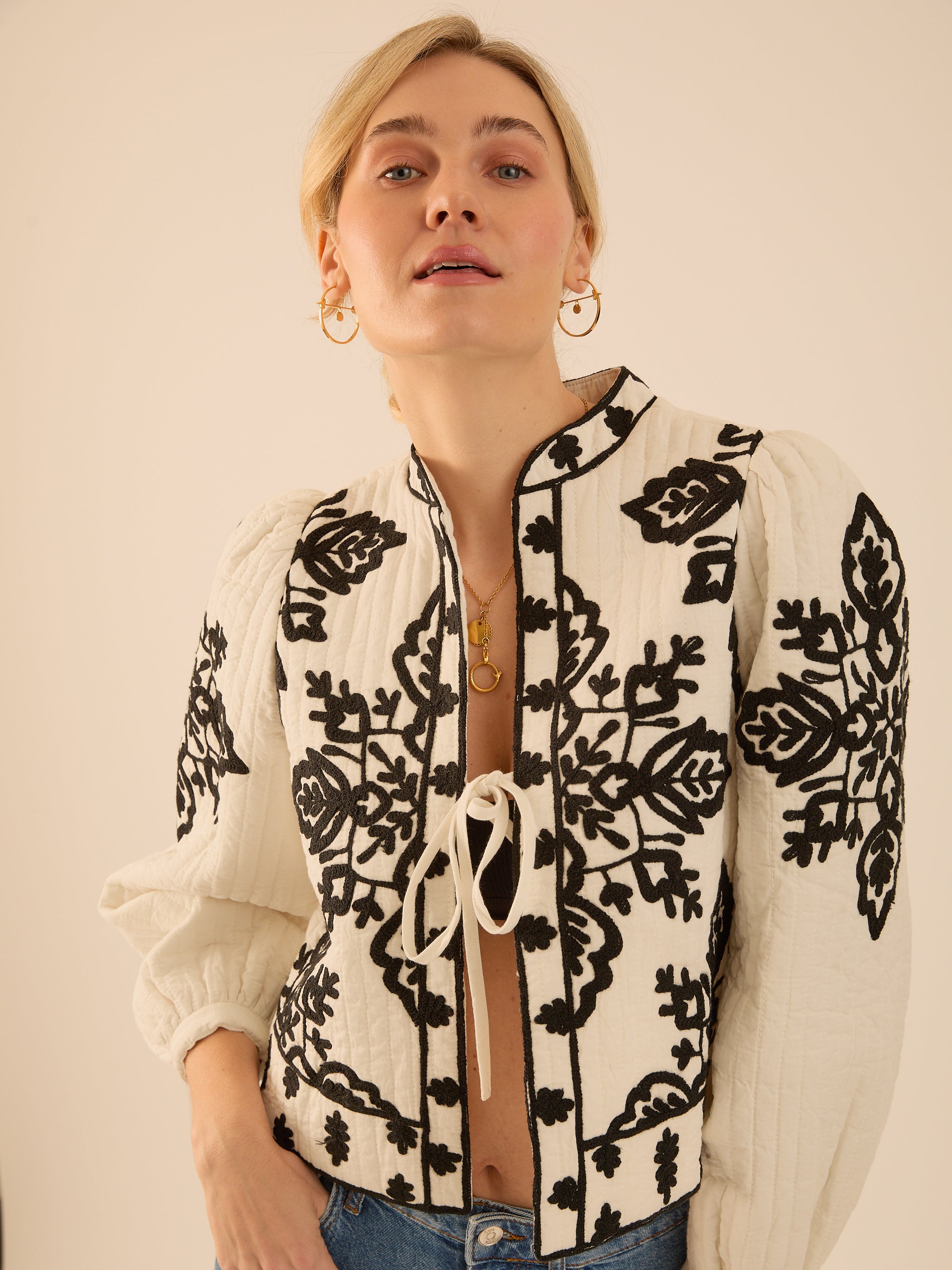 Lori Black And White Padded Embroidered Jacket