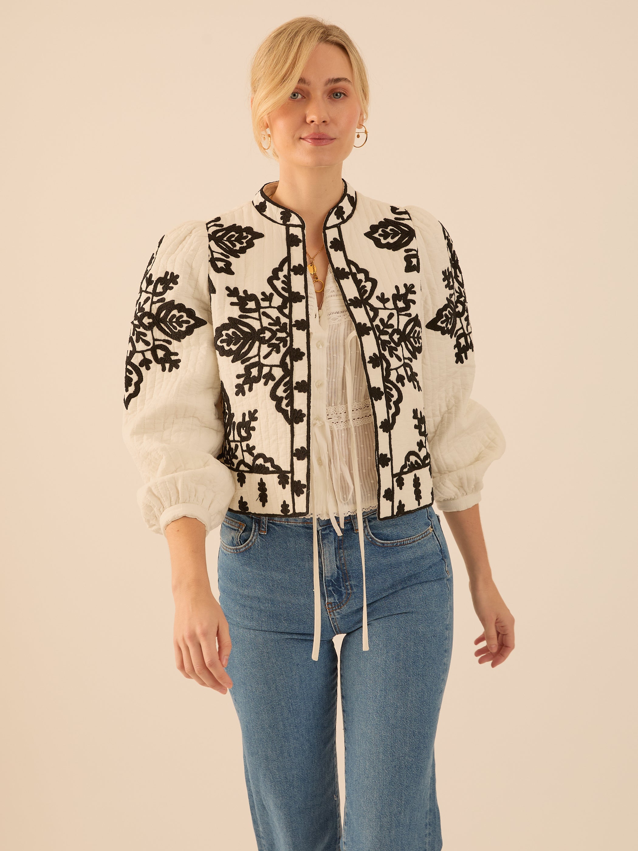 Lori Black And White Padded Embroidered Jacket