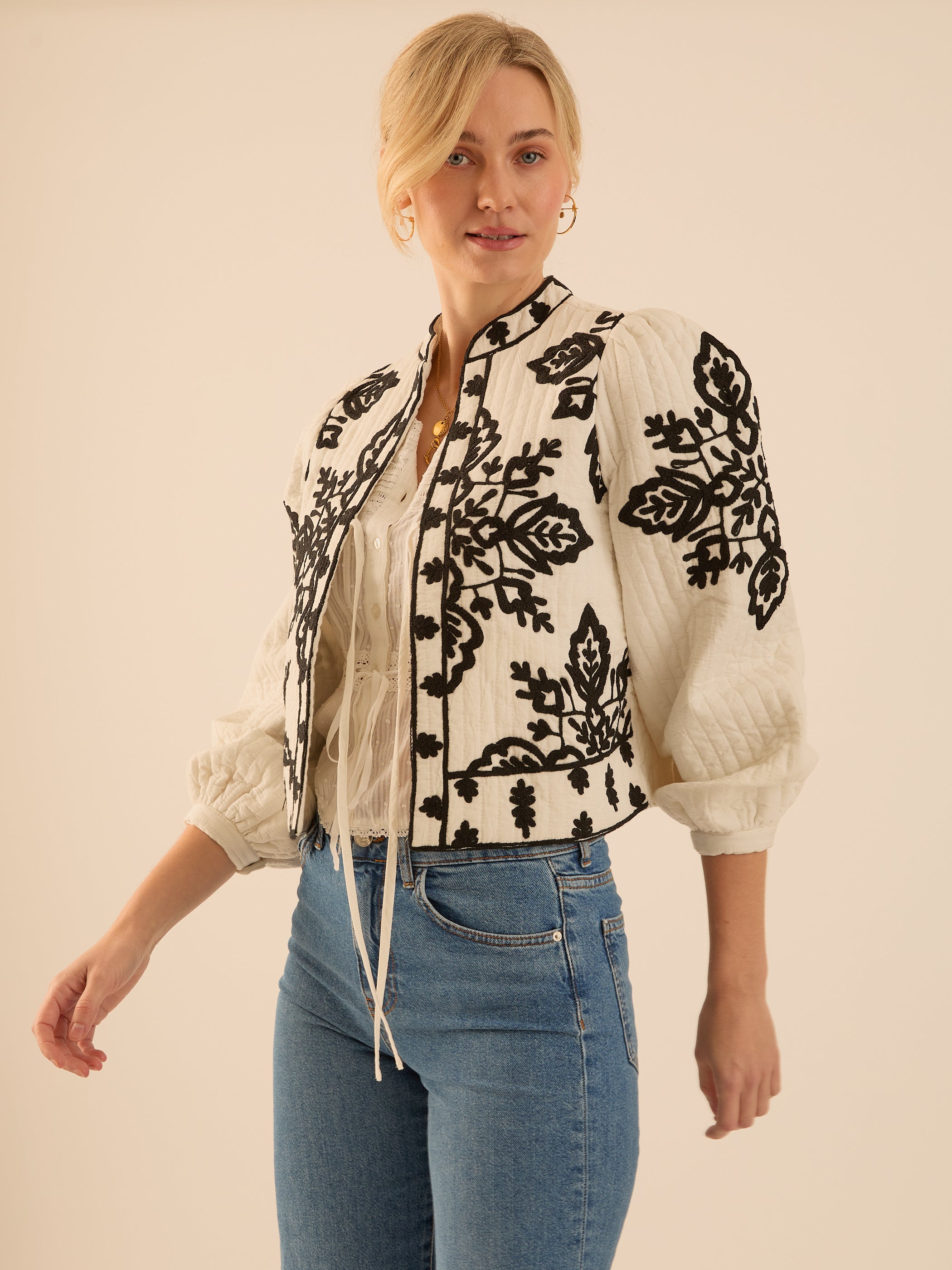 Lori Black And White Padded Embroidered Jacket