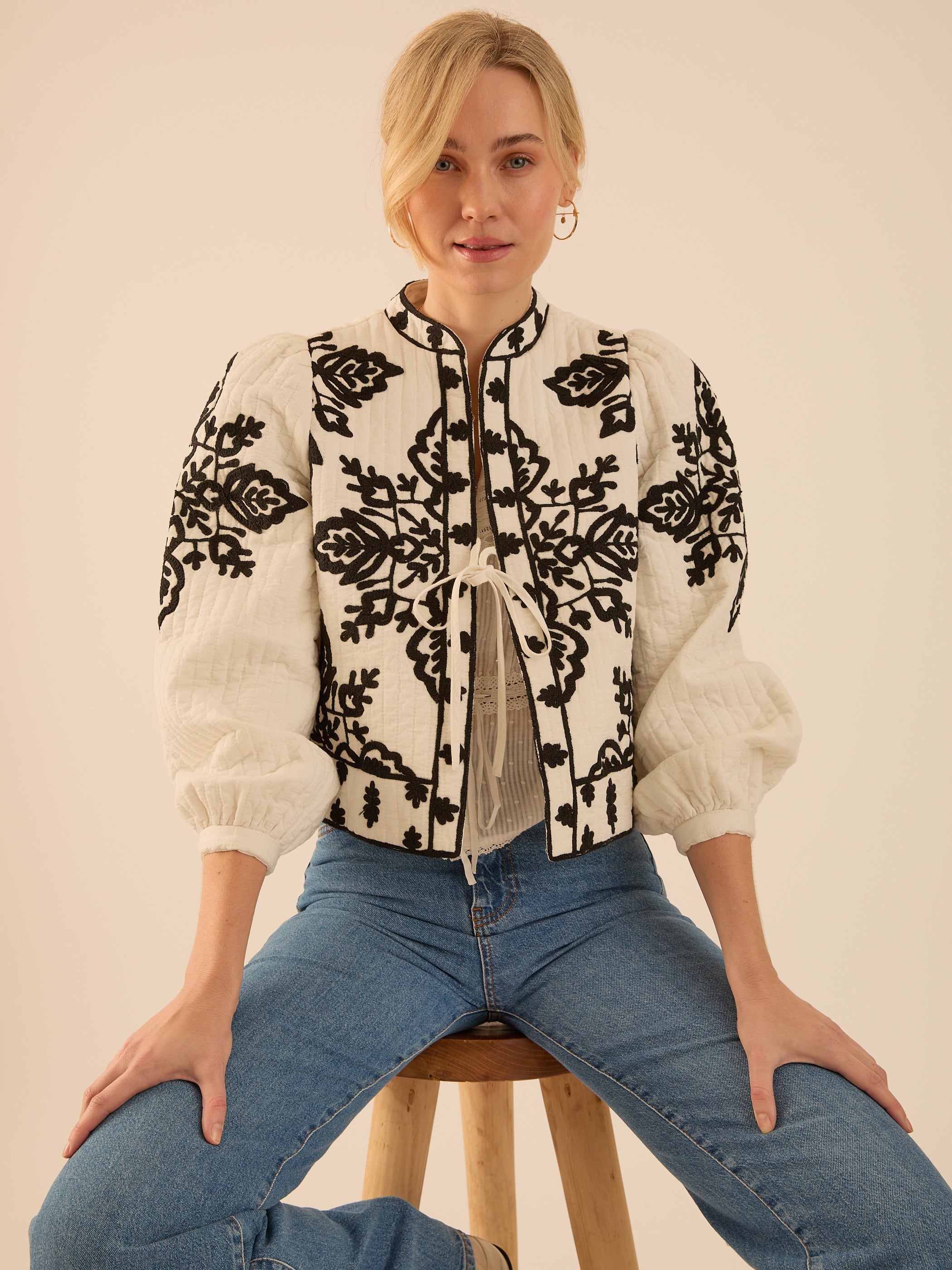 Lori Black And White Padded Embroidered Jacket