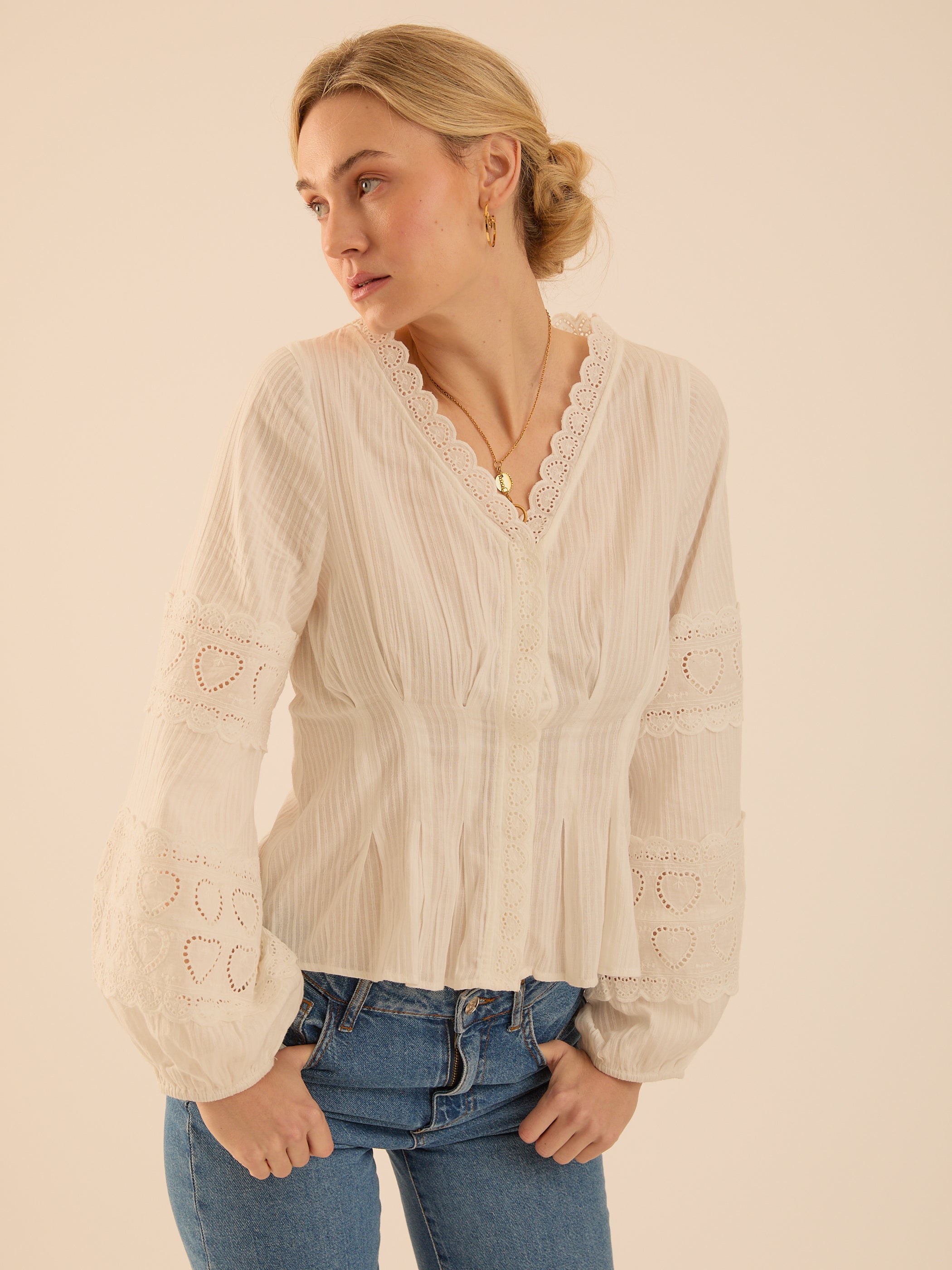 Harri White Cotton Heart Lace Blouse