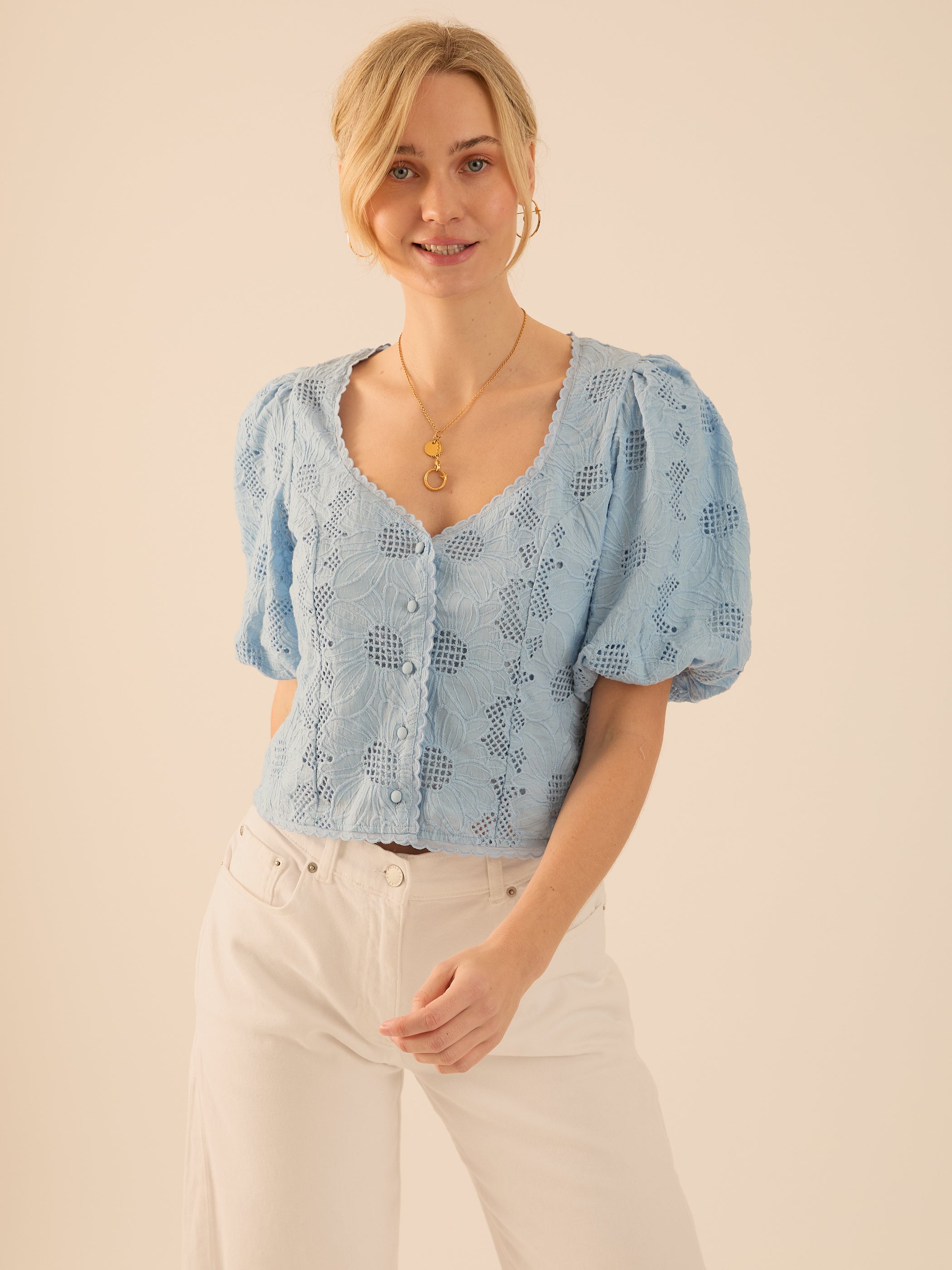 Abi Blue Cotton Lace Blouse