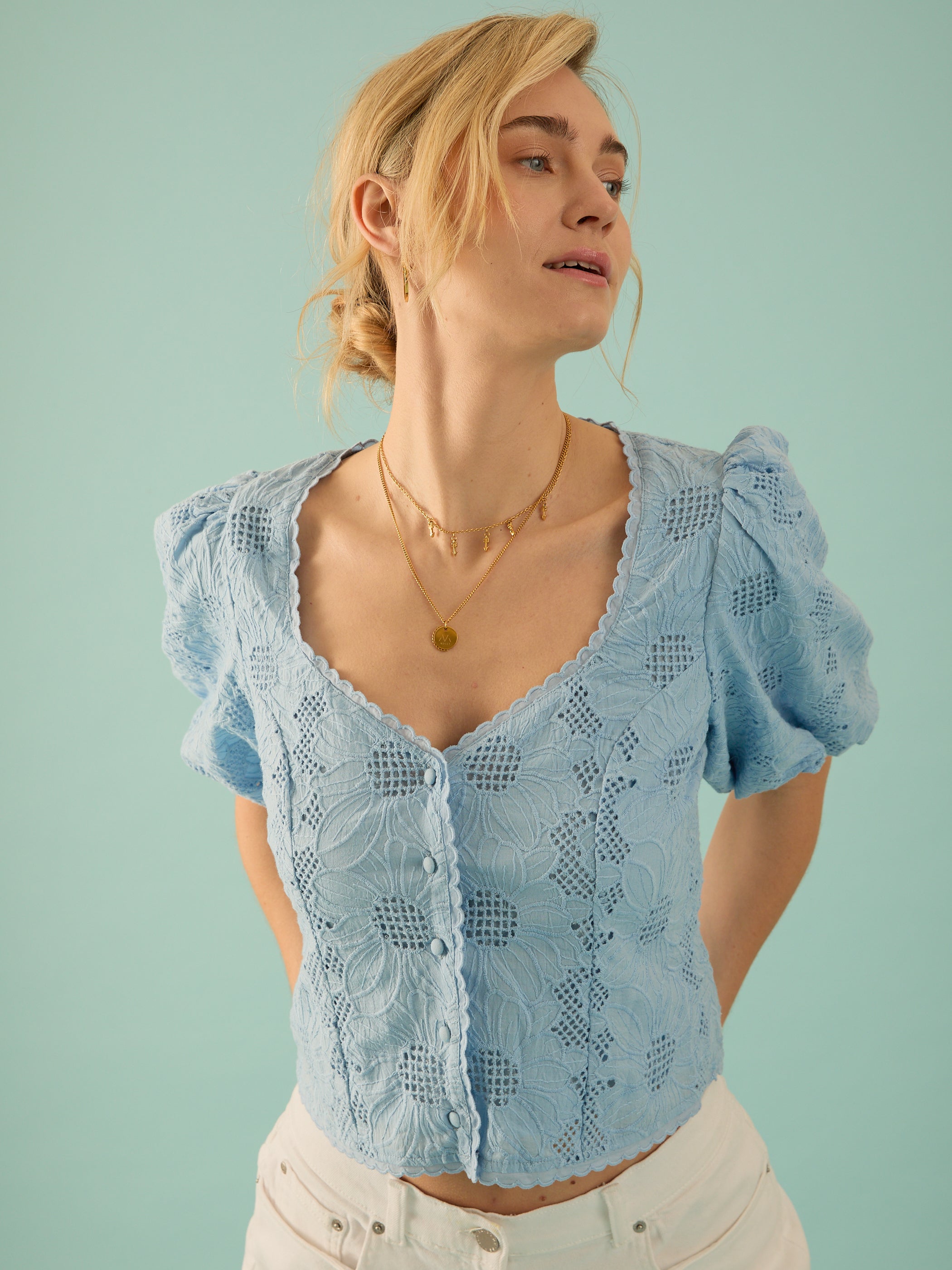 Abi Blue Cotton Lace Blouse