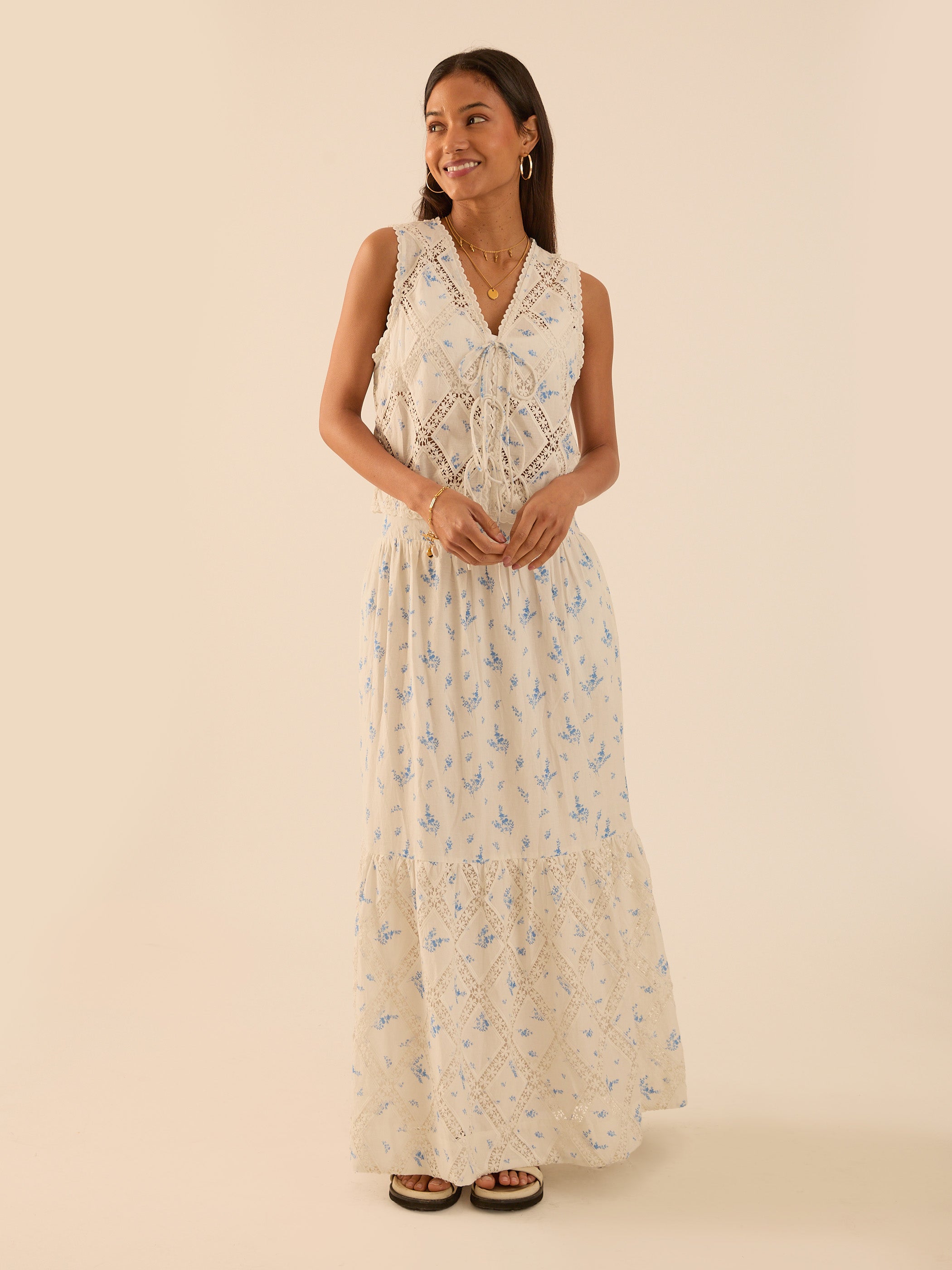 Nell White Cotton Printed Floral Lace Maxi Skirt