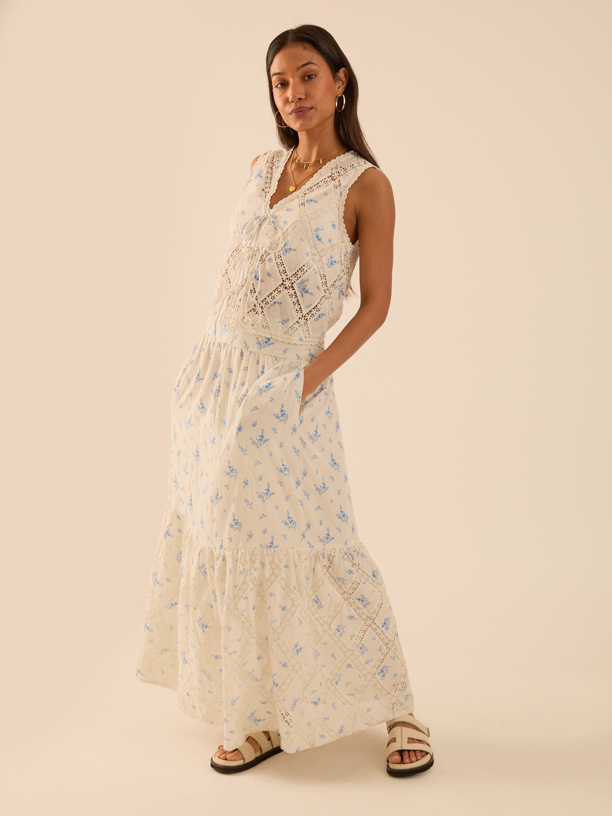 Nell White Cotton Printed Floral Lace Maxi Skirt