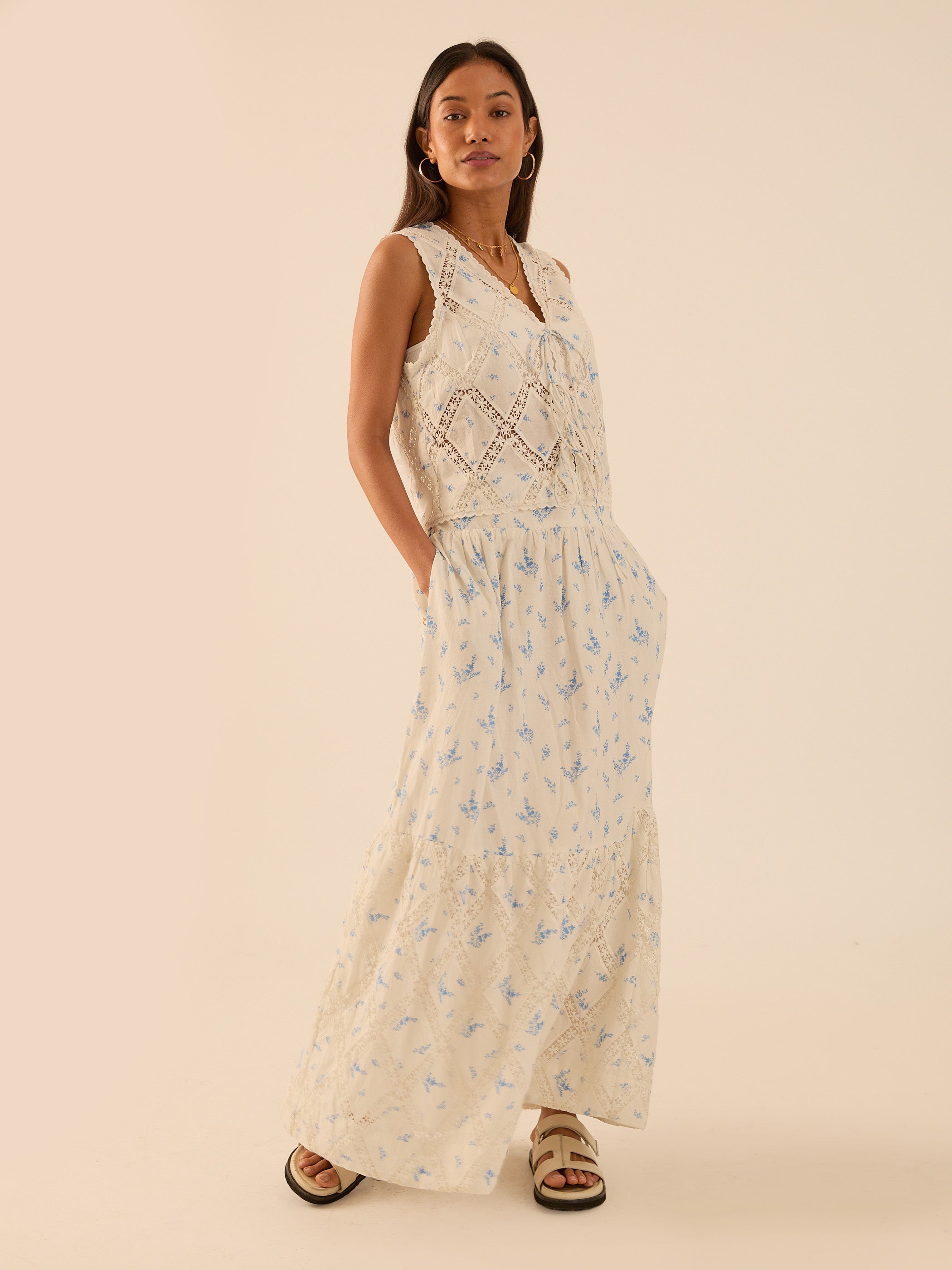 Nell White Cotton Printed Floral Lace Maxi Skirt