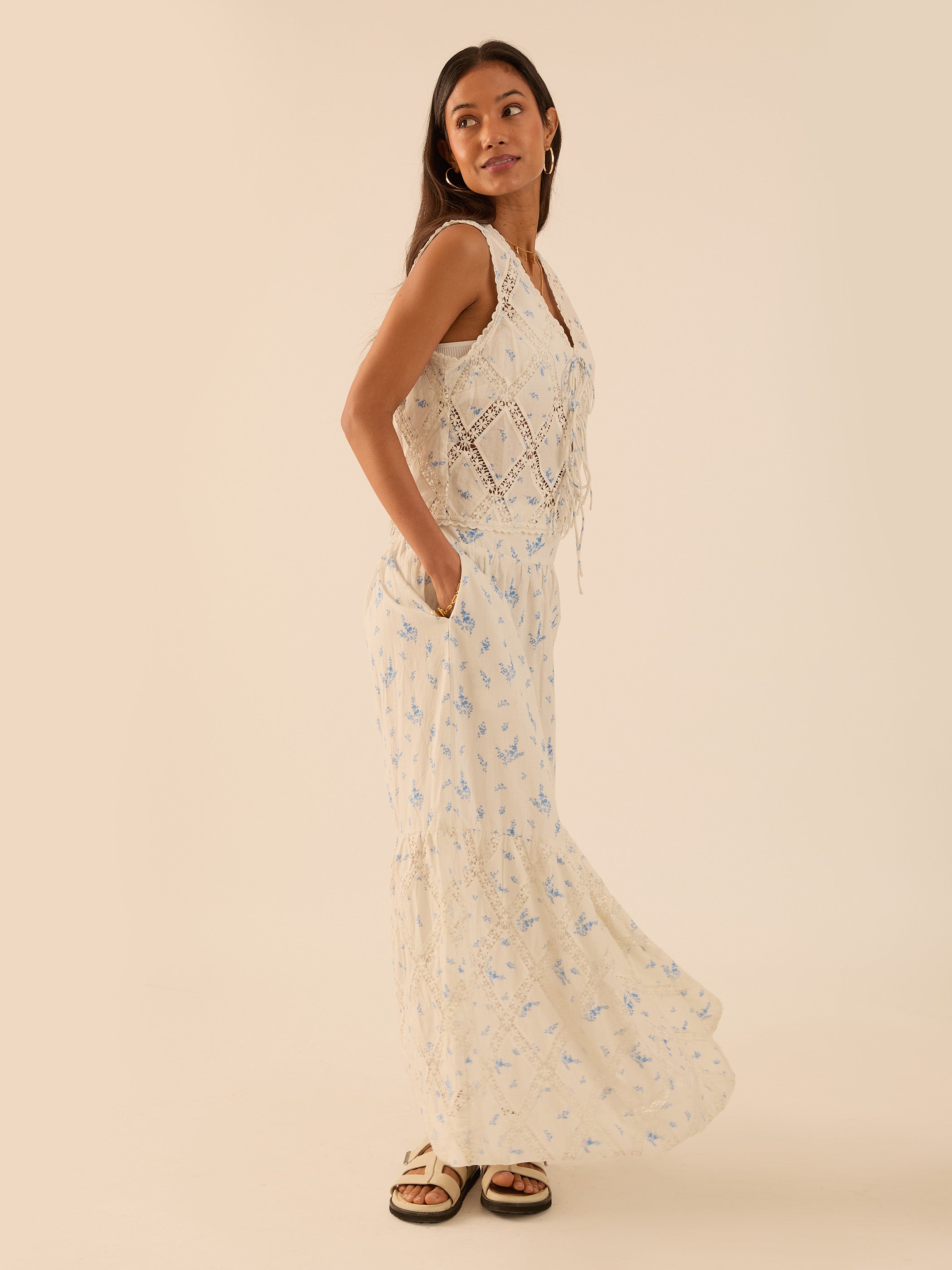 Nell White Cotton Printed Floral Lace Maxi Skirt