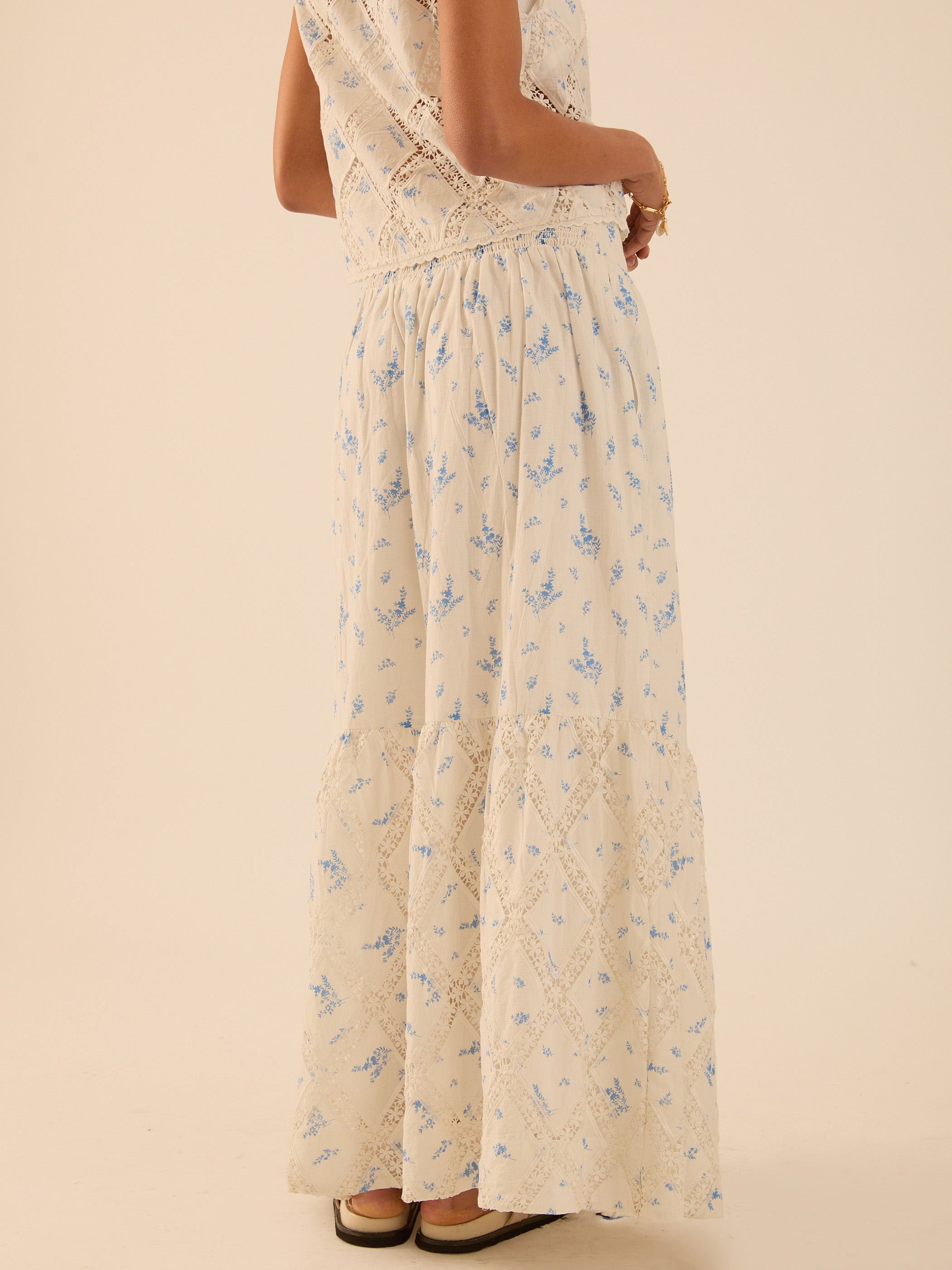 Nell White Cotton Printed Floral Lace Maxi Skirt