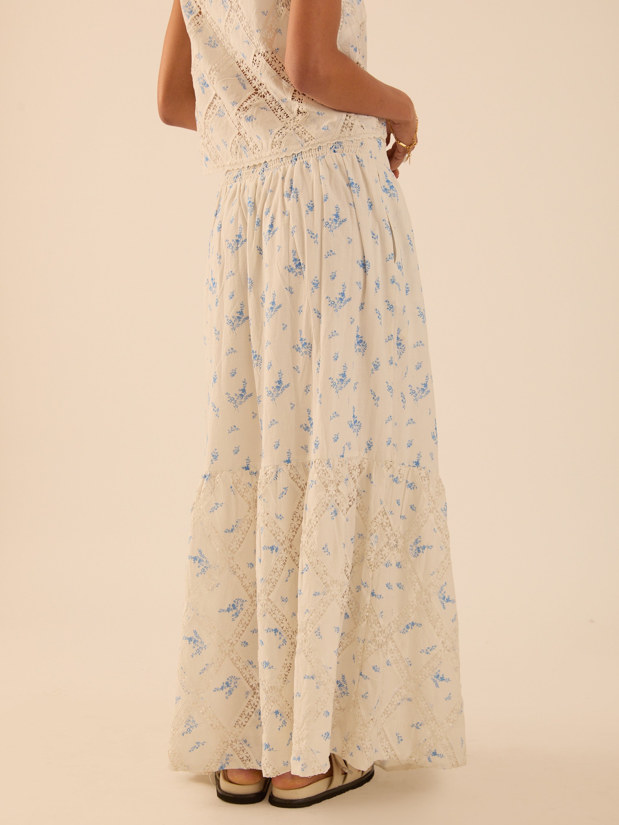 Nell White Cotton Printed Floral Lace Maxi Skirt