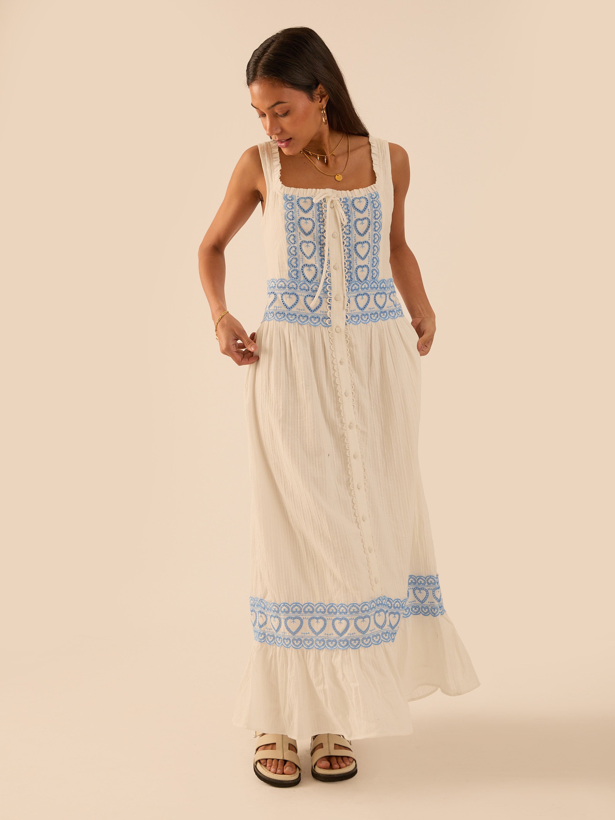 Harri Heart And Blue Cotton Heart Embroidery Maxi Dress