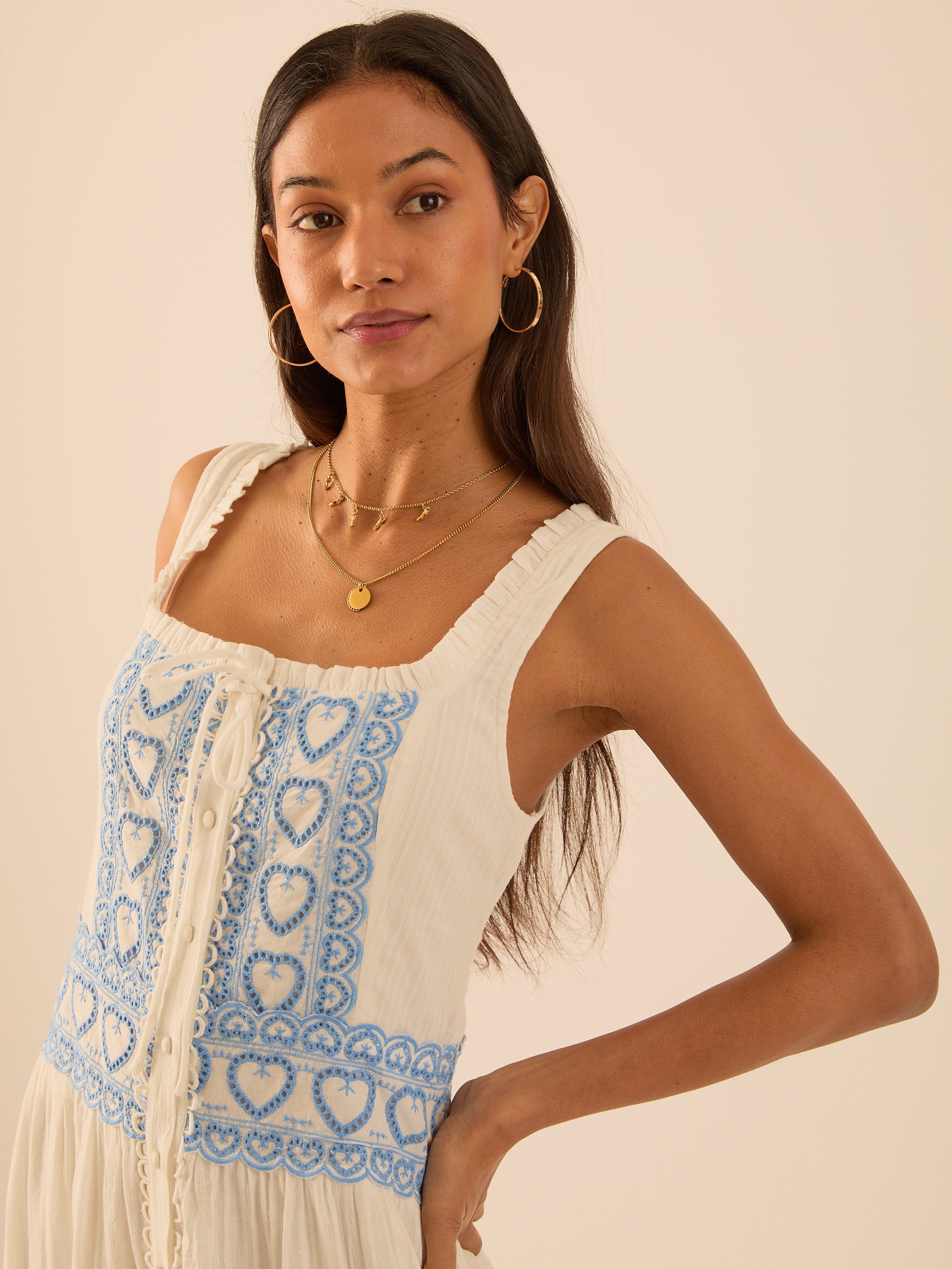 Harri Heart And Blue Cotton Heart Embroidery Maxi Dress