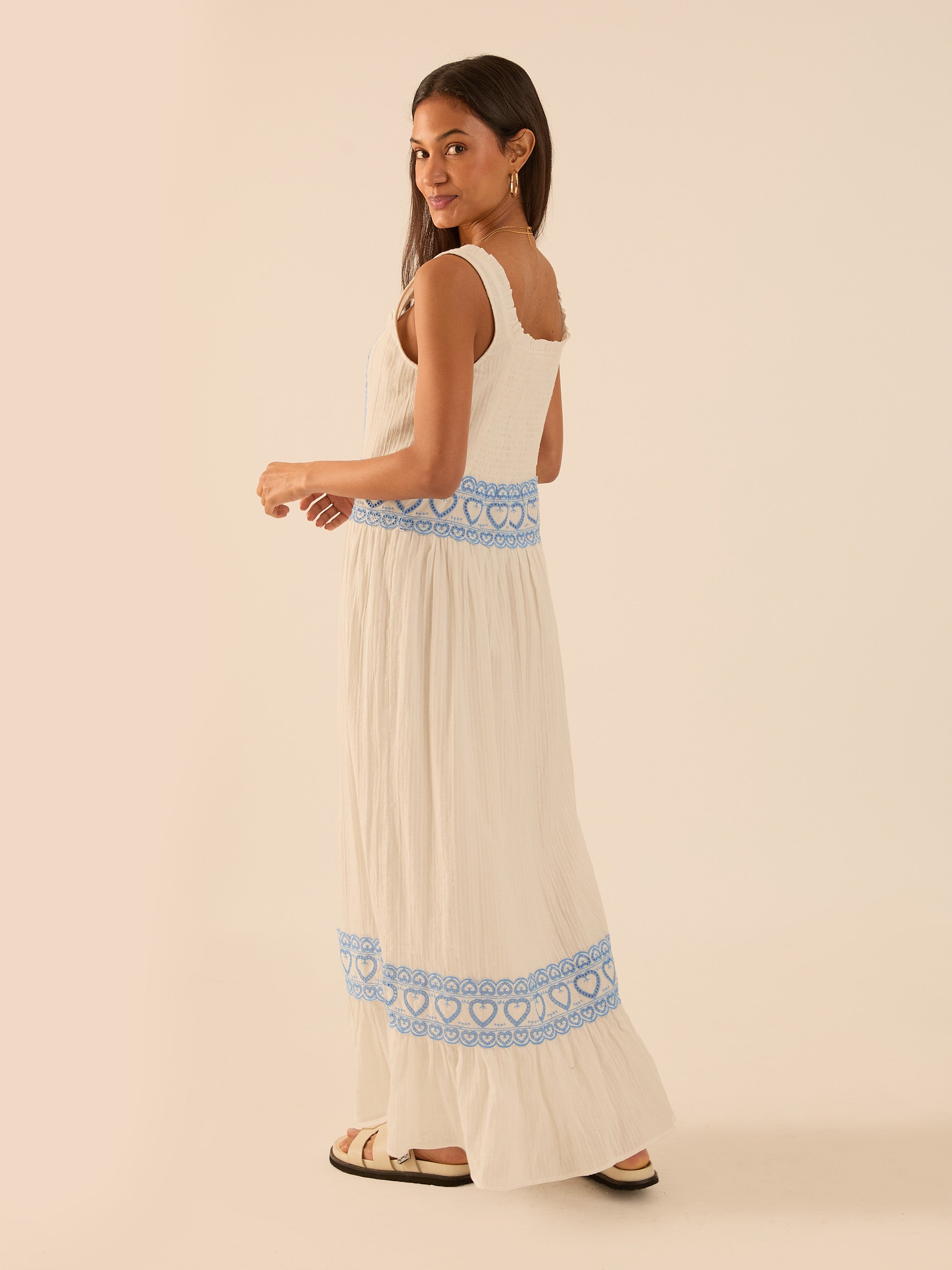 Harri Heart And Blue Cotton Heart Embroidery Maxi Dress