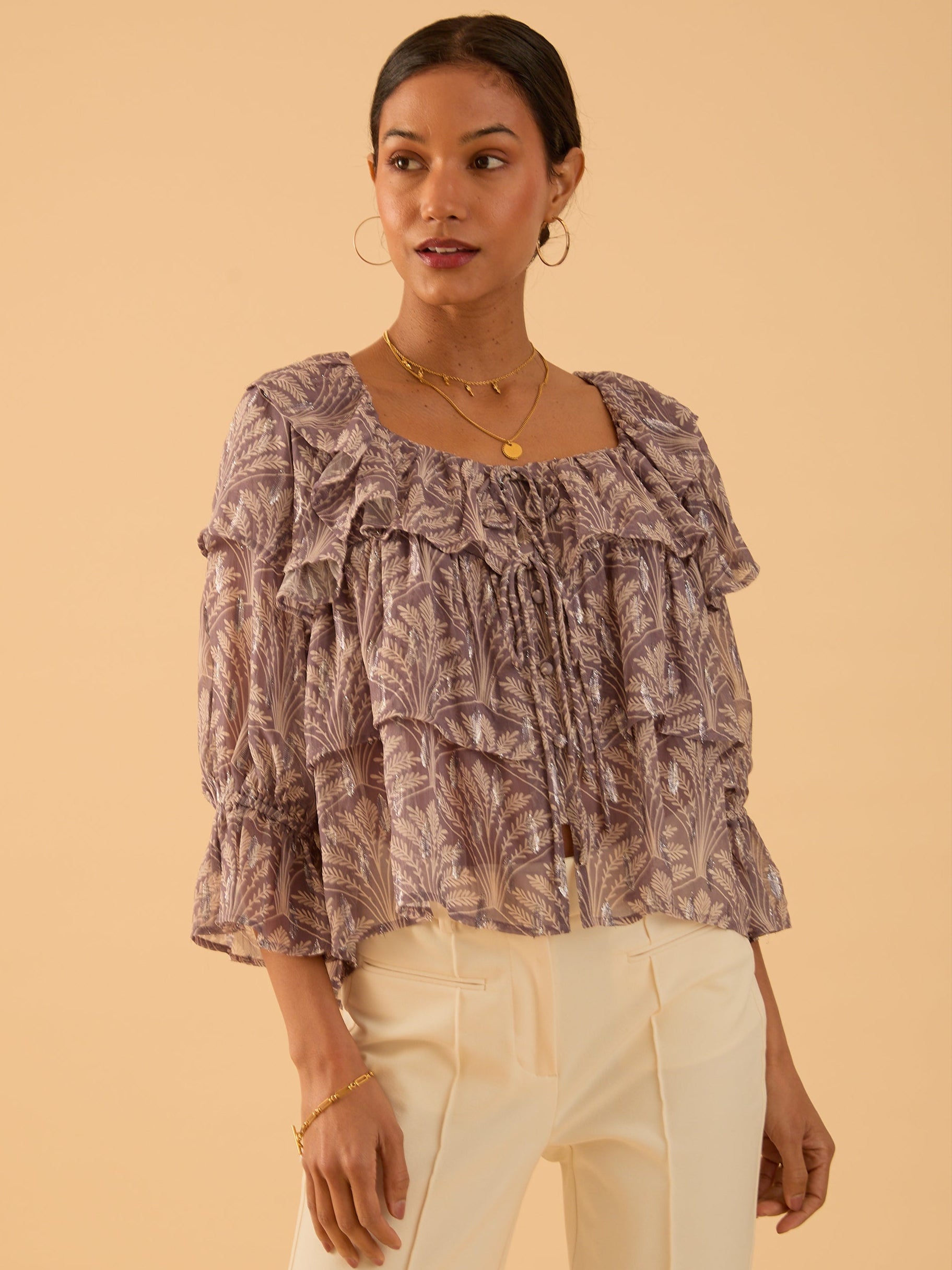Olivia Pink Mink Sparkle Print Ruffle Blouse