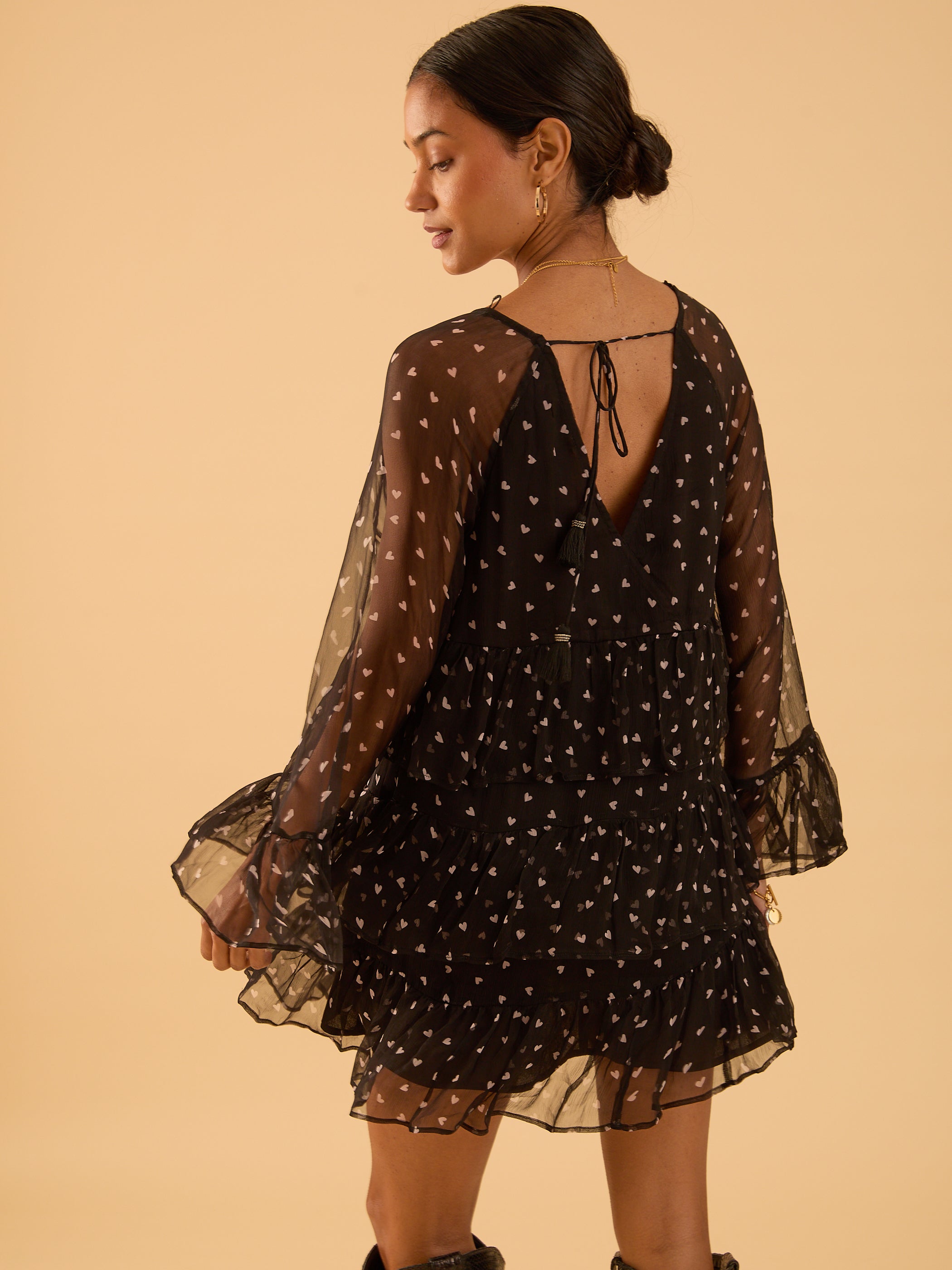 Evie Heart Black Heart Print Tiered Mini Dress